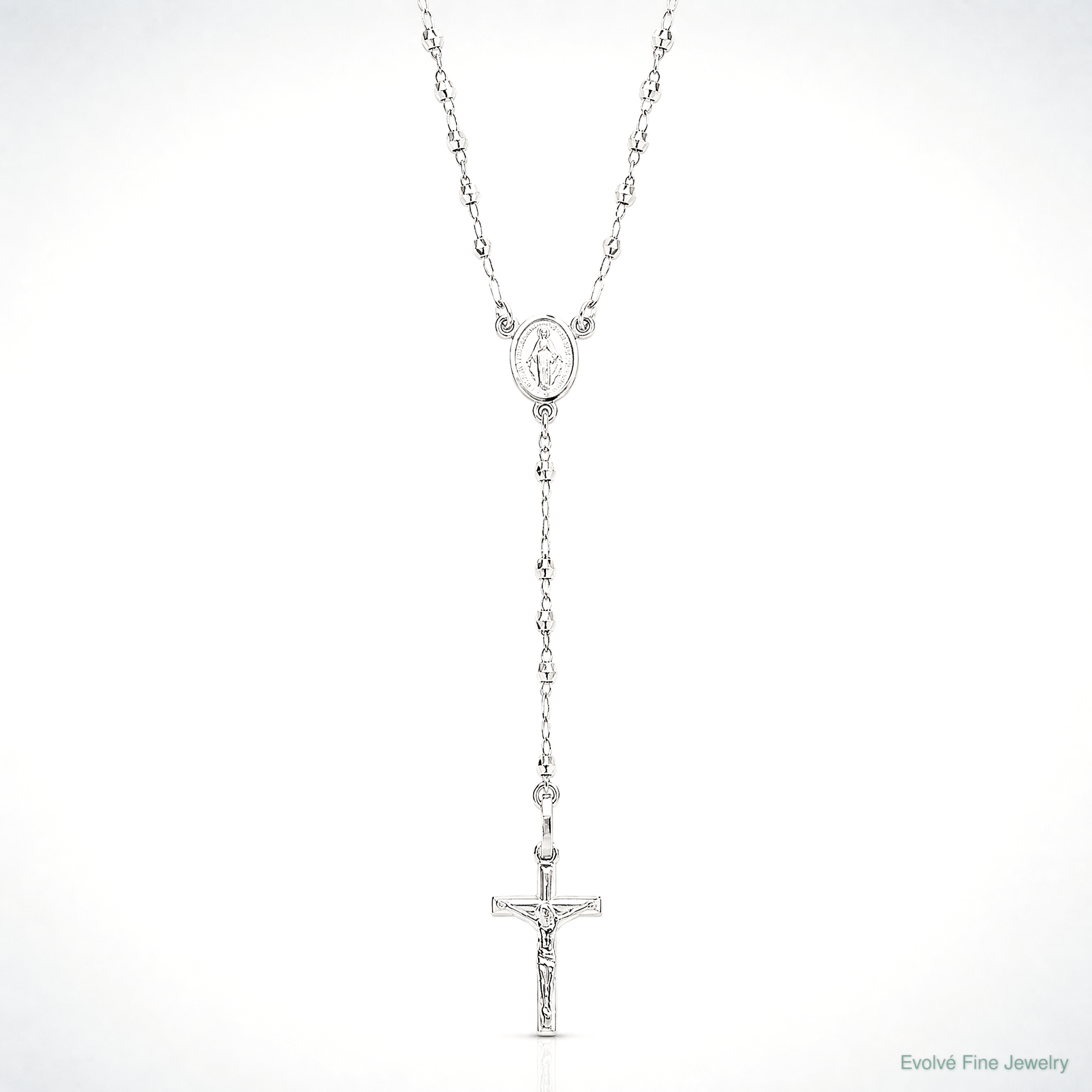 14K White Gold Polished Faceted Beads Rosary 18 inch Necklace - Lifestyle View