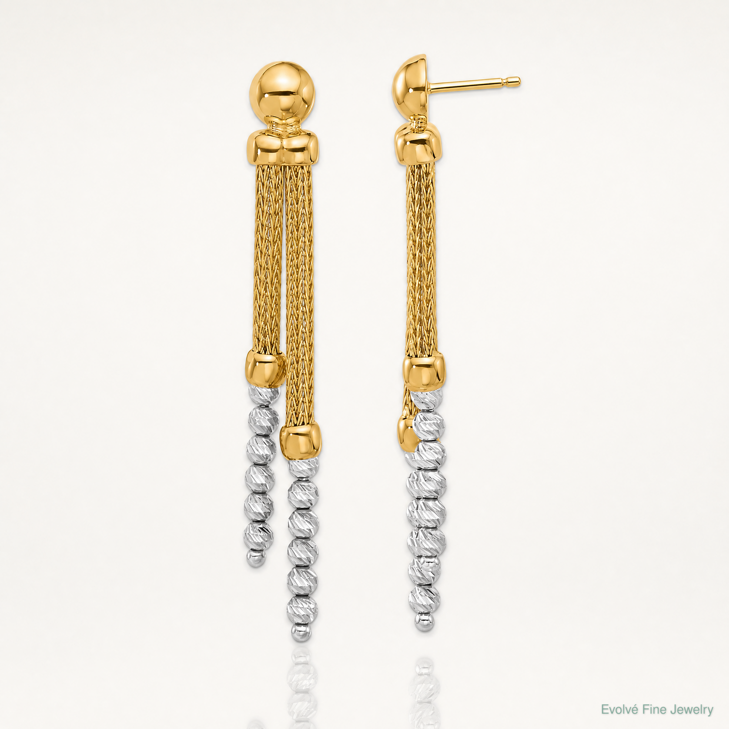 14K Two-tone Polished and Diamond-cut Beaded Dangle Post Earrings - Lifestyle View
