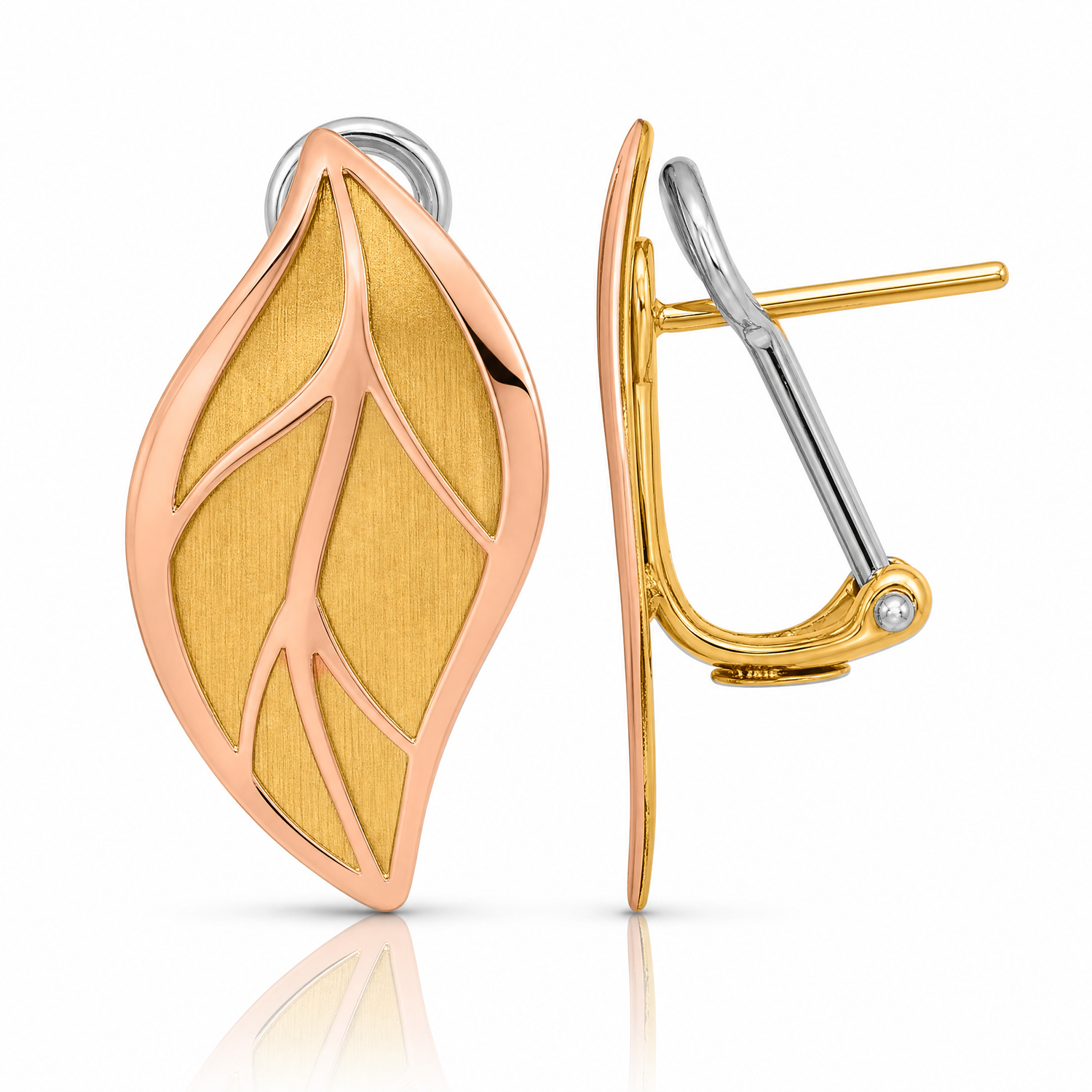 14K Two-tone Rose and Yellow Polished / Brushed Leaf Omega Back Earrings - Lifestyle View