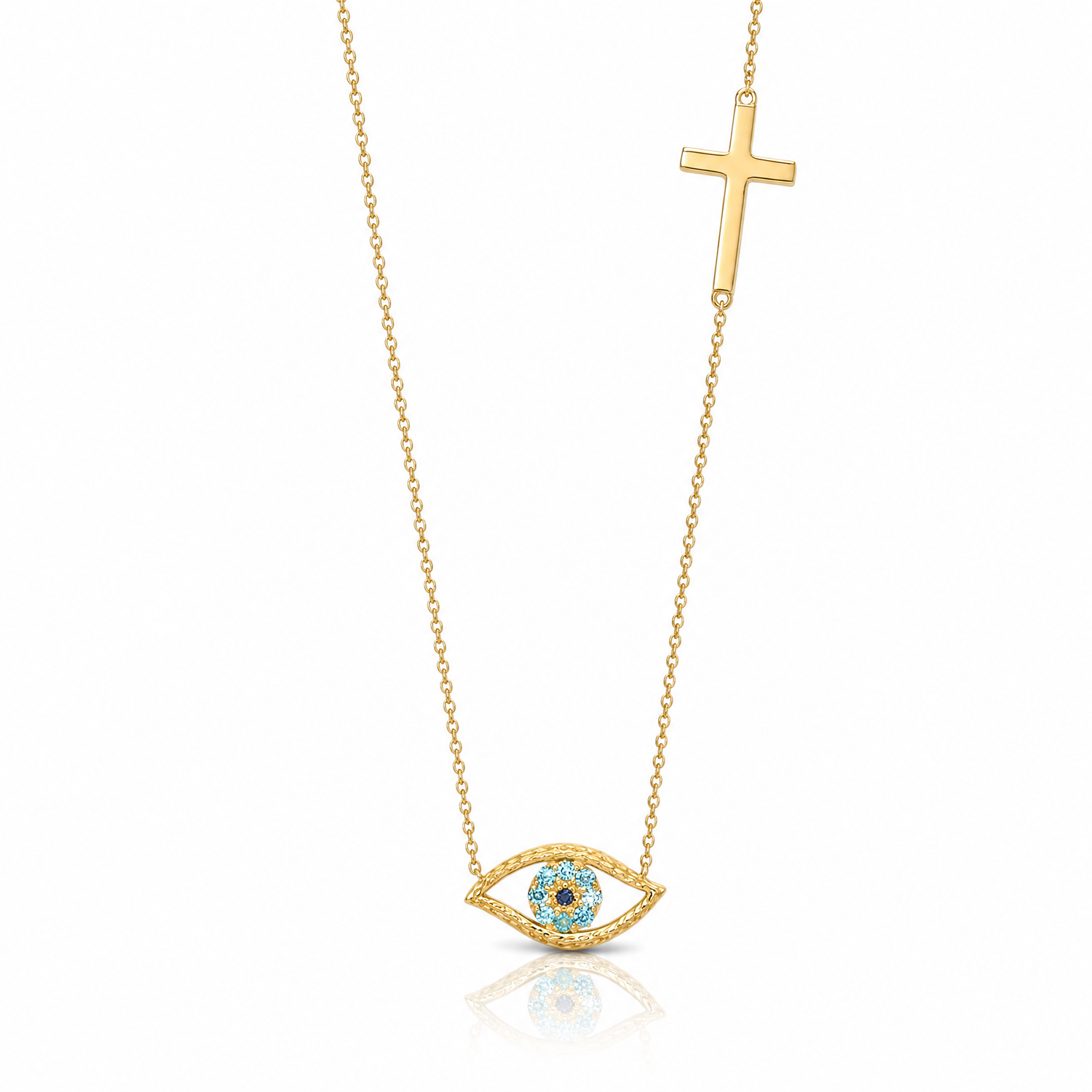 14K Polished CZ Evil Eye and Cross 18in with 2in ext. Necklace - Lifestyle View