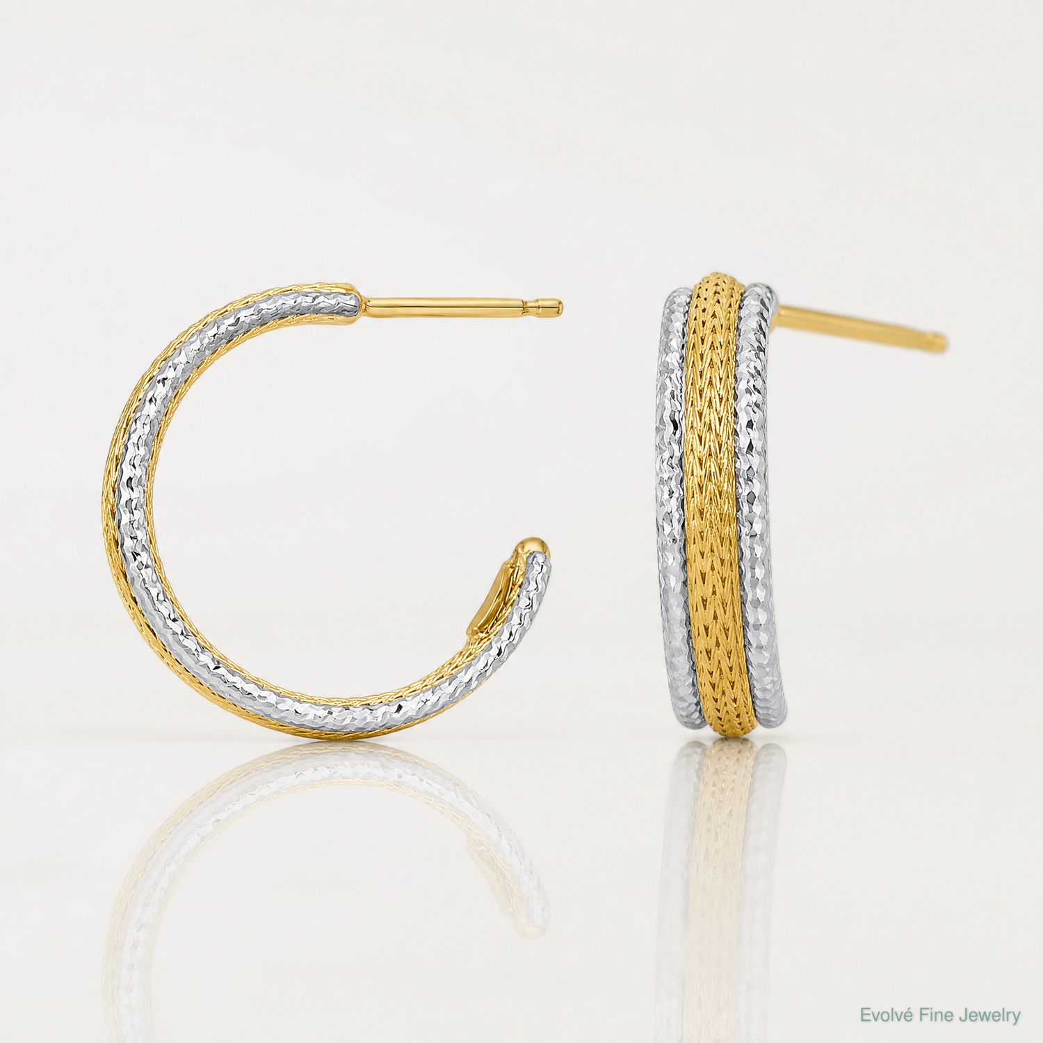 14k Two-Tone Textured Woven 4mm J-Hoop Post Earrings - Lifestyle View