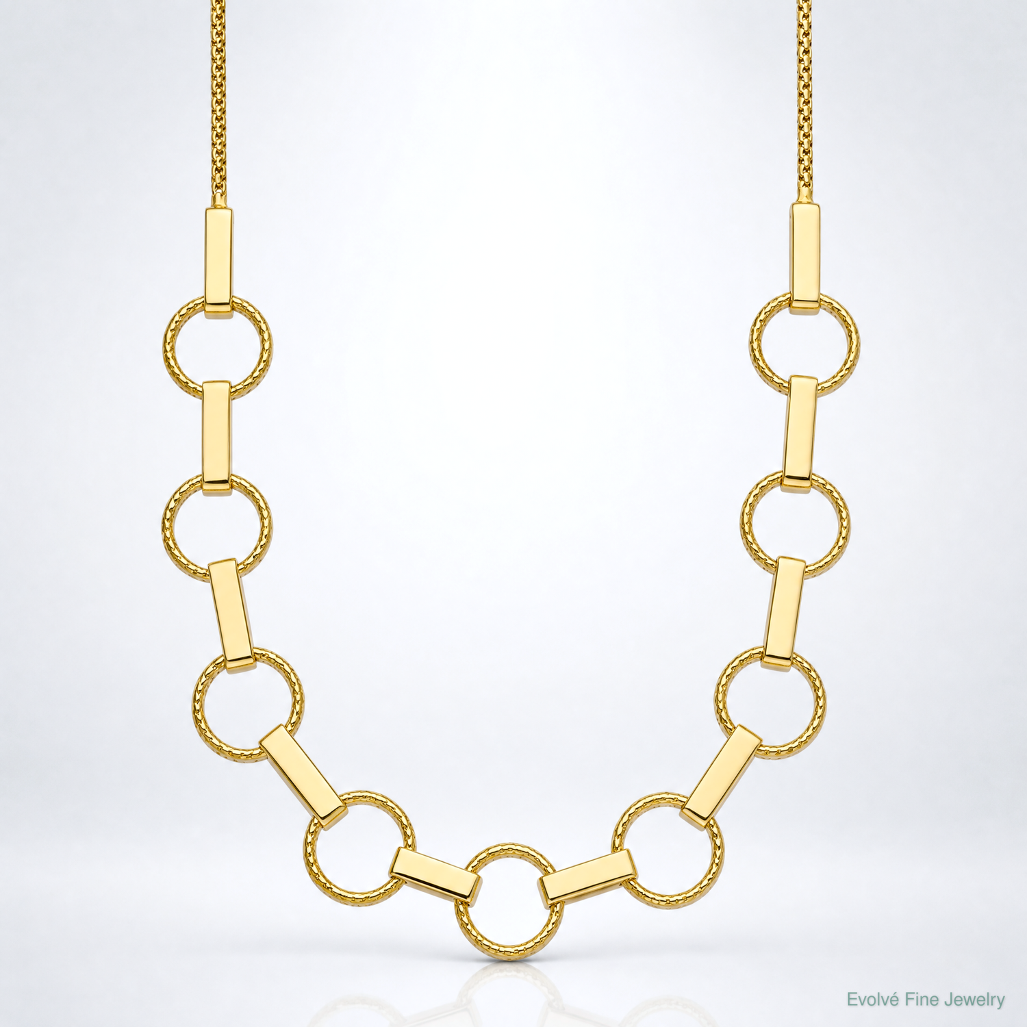 14K Polished and Textured Circles and Bars Necklace - Lifestyle View