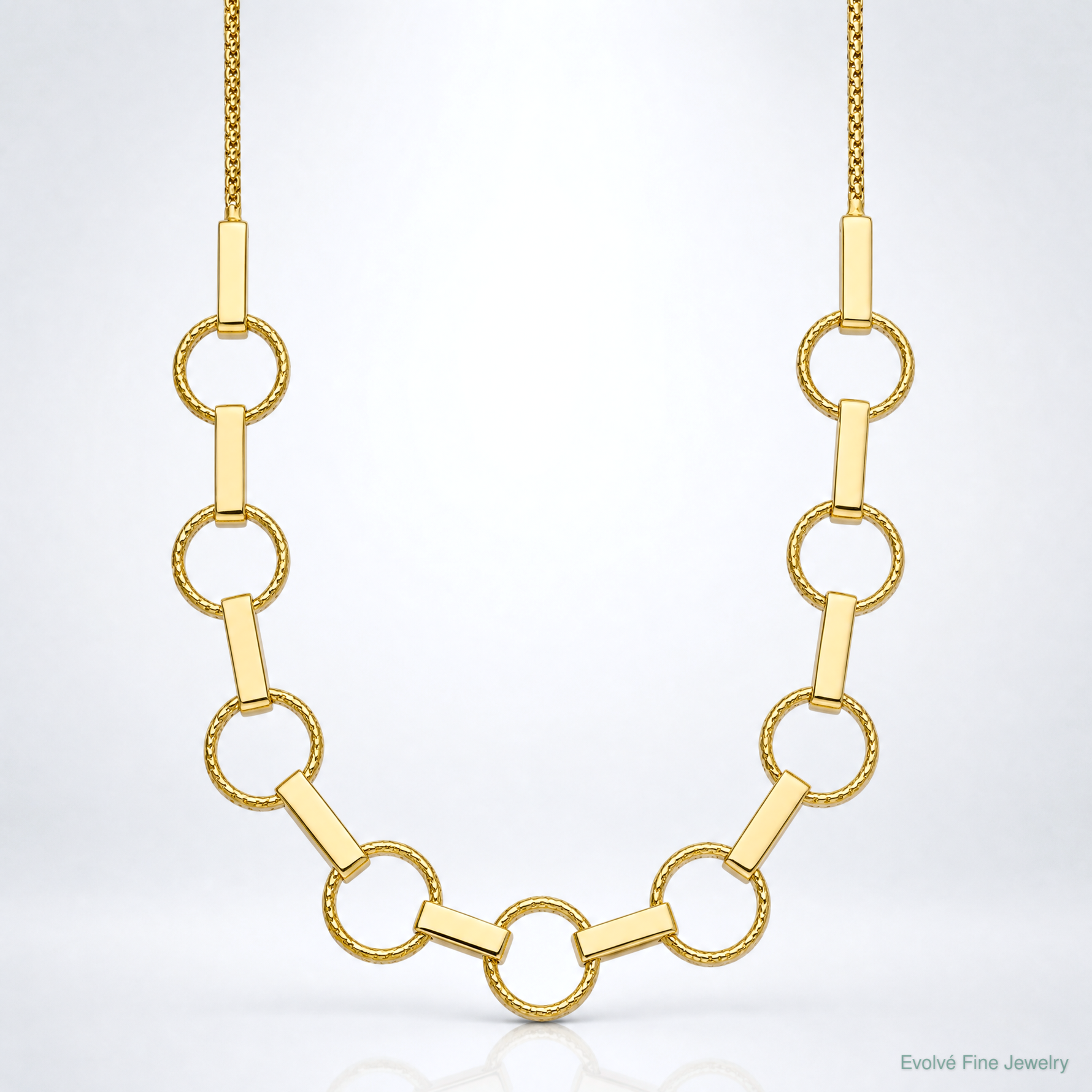 14K Polished and Textured Circles and Bars Necklace - Lifestyle View