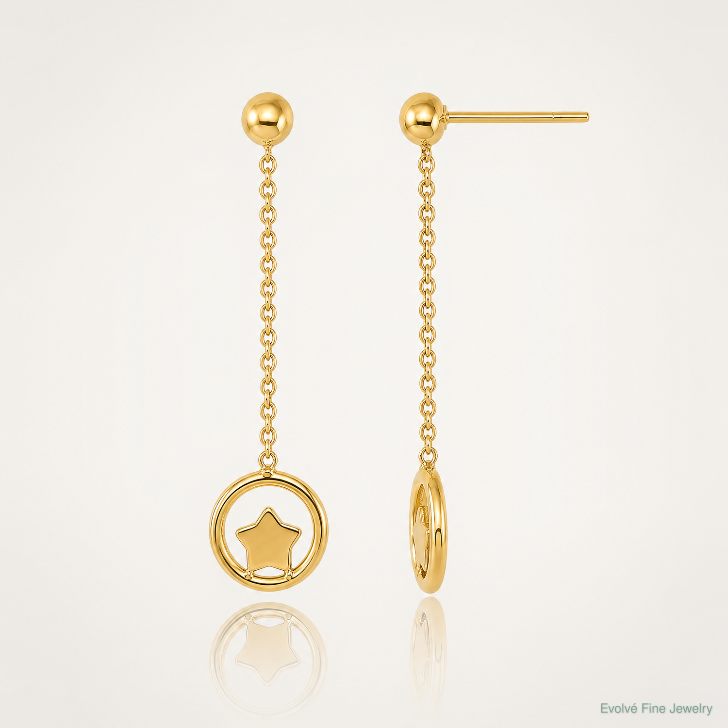 14k Polished Stars in Circle Dangle Post Earrings - Lifestyle View