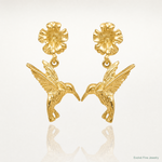 14k Hummingbird Dangles from Flower Post Earrings - Lifestyle View