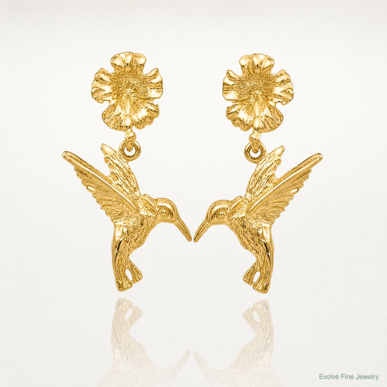 14k Hummingbird Dangles from Flower Post Earrings - Lifestyle View