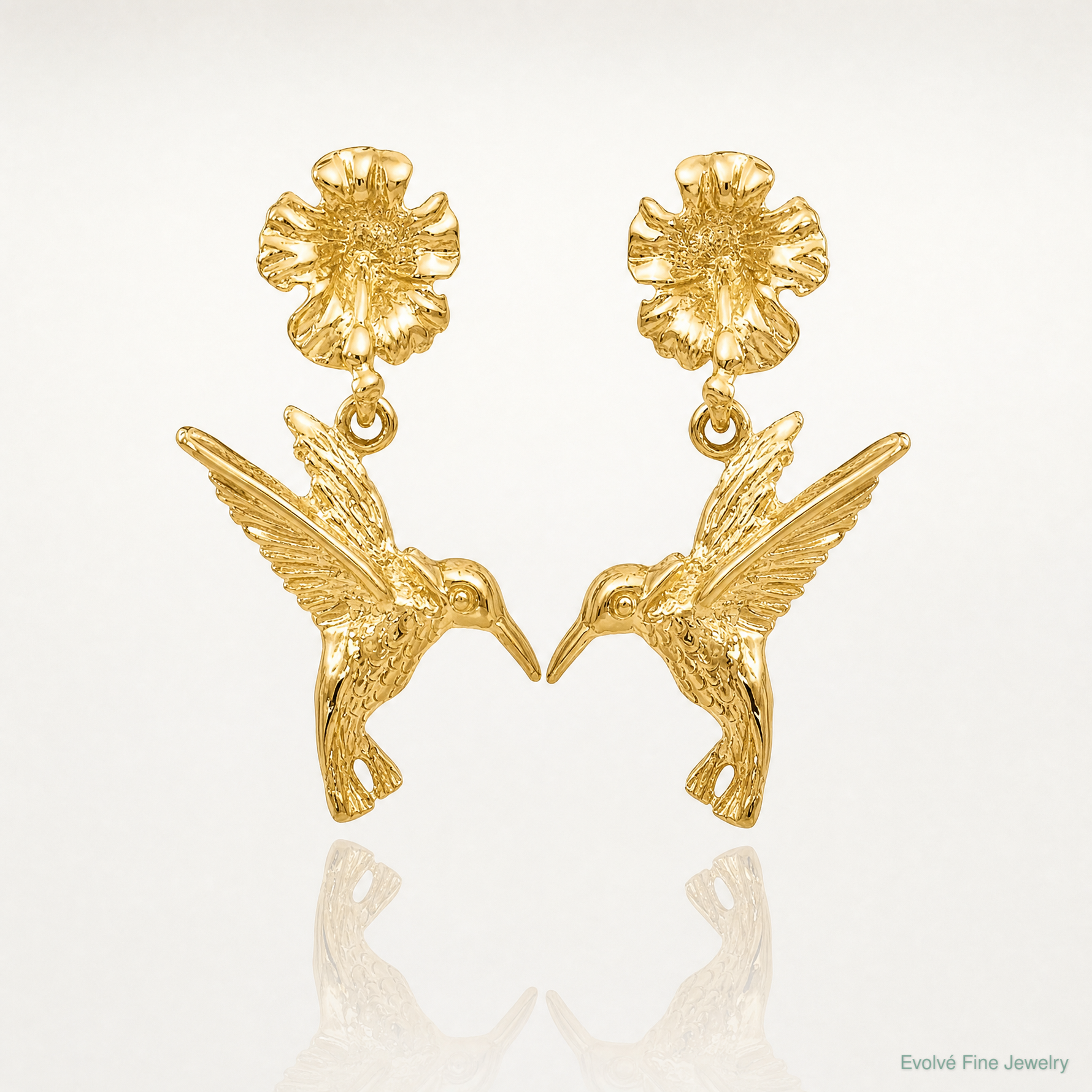 14k Hummingbird Dangles from Flower Post Earrings - Lifestyle View