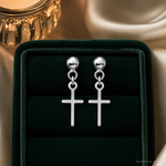 14k White Gold Polished Cross Dangle Post Earrings - Lifestyle View