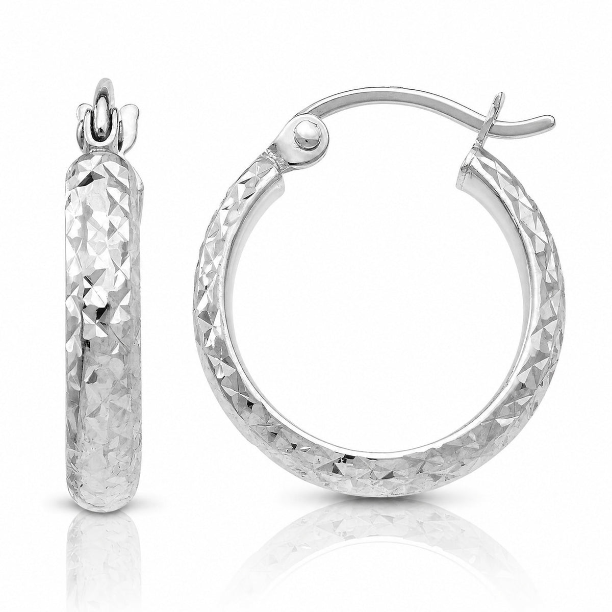 14K White Gold Diamond-cut 2.5x15mm Hollow Hoop Earrings - Lifestyle View