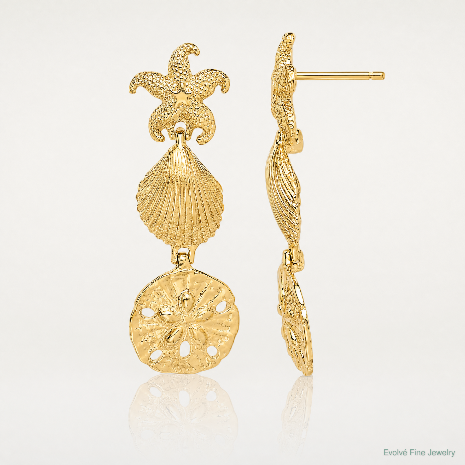 14K Starfish, Shell ,Sand Dollar Dangle Earrings - Lifestyle View