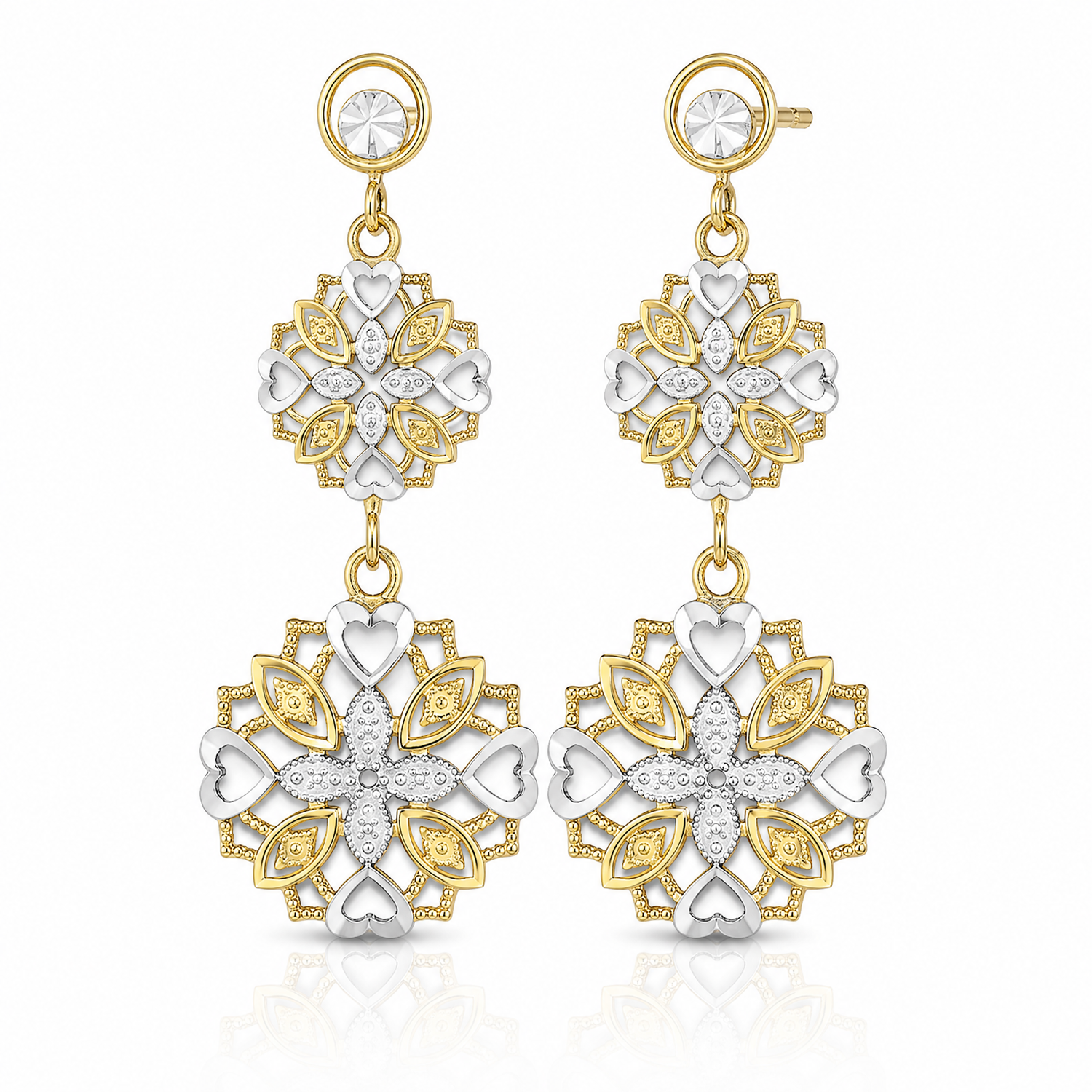 14k w/ Rhodium D/C Flower & Heart Dangle Earrings - Lifestyle View