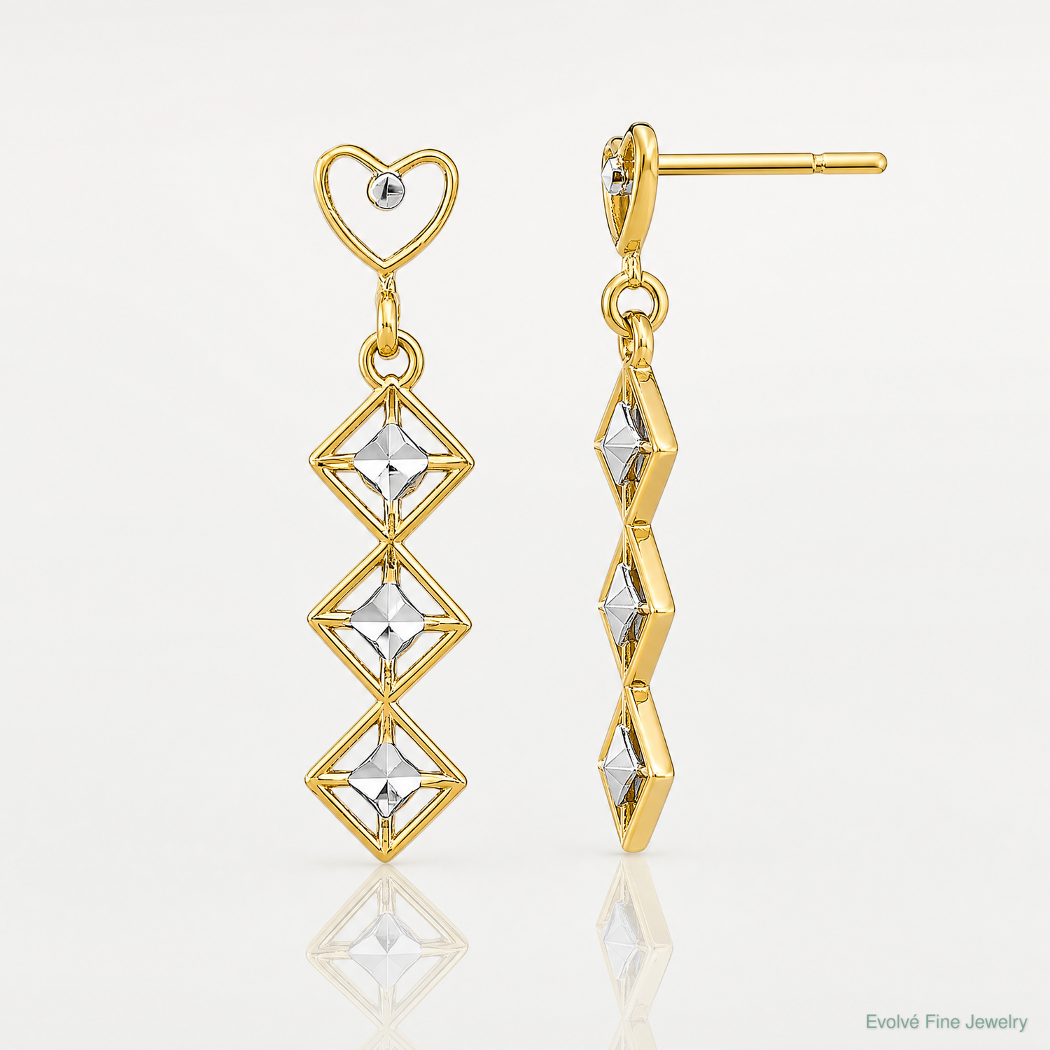 14k w/RH D/C Heart and Diamond Shape Post Dangle Earrings - Lifestyle View