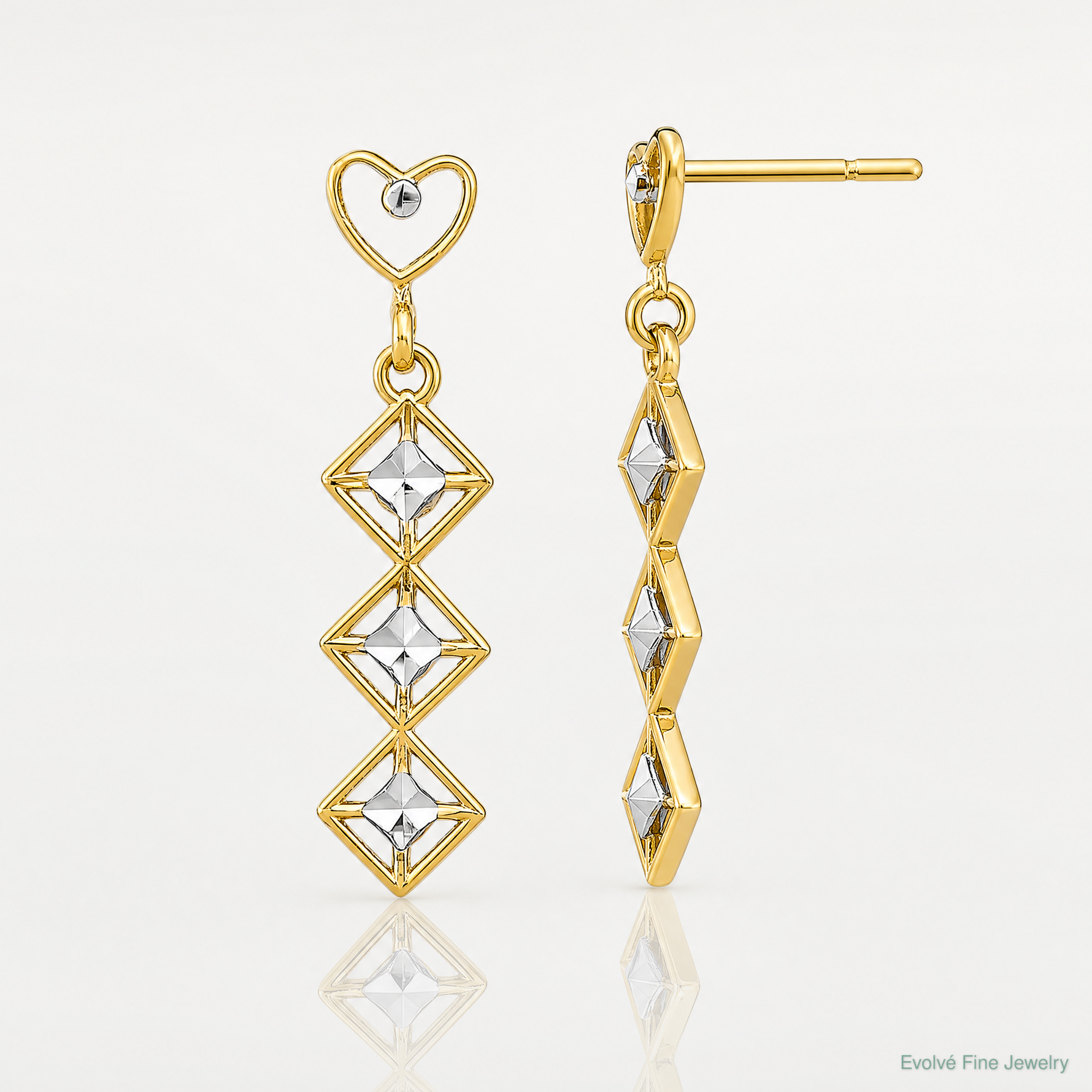 14k w/RH D/C Heart and Diamond Shape Post Dangle Earrings - Lifestyle View