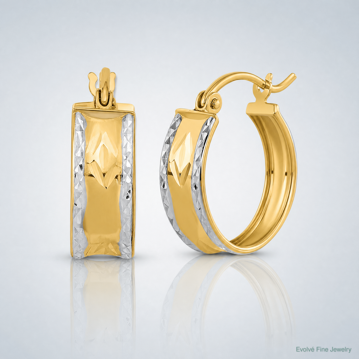 14k White Rhodium Polished Diamond-cut Hoops - Lifestyle View
