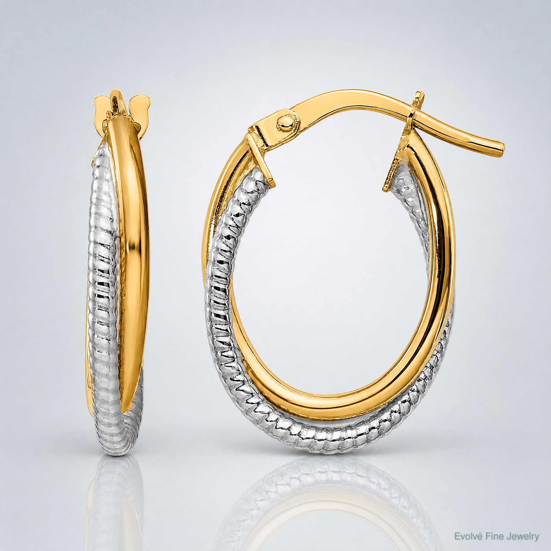 14k Two-Tone Polished Textured Double Oval Hoops - Lifestyle View