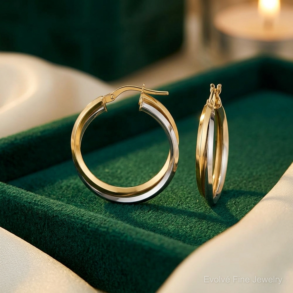 14k Two Tone Polished Double Hoops - Lifestyle View