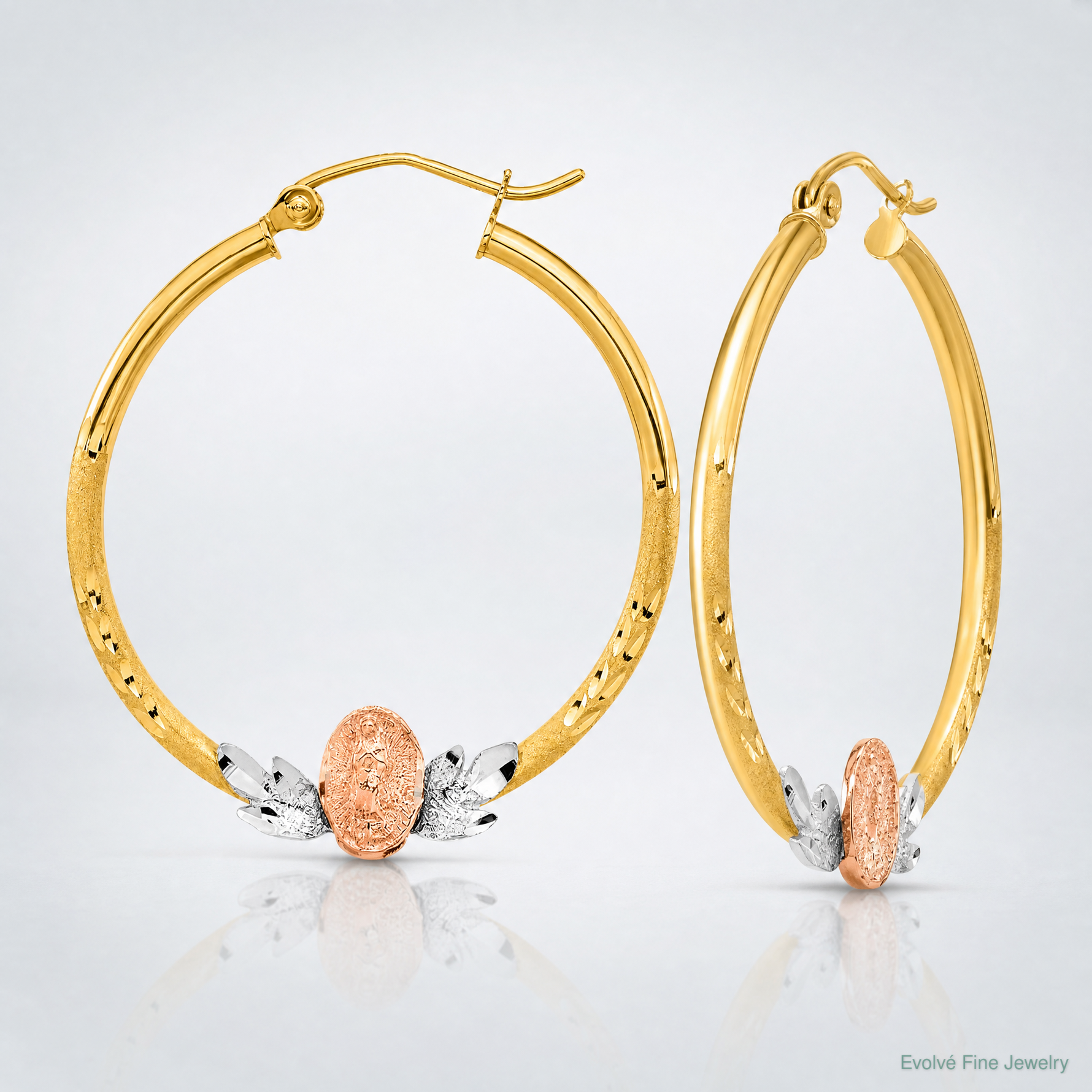 14K Tri-color Guadalupe Hoop Earrings - Lifestyle View