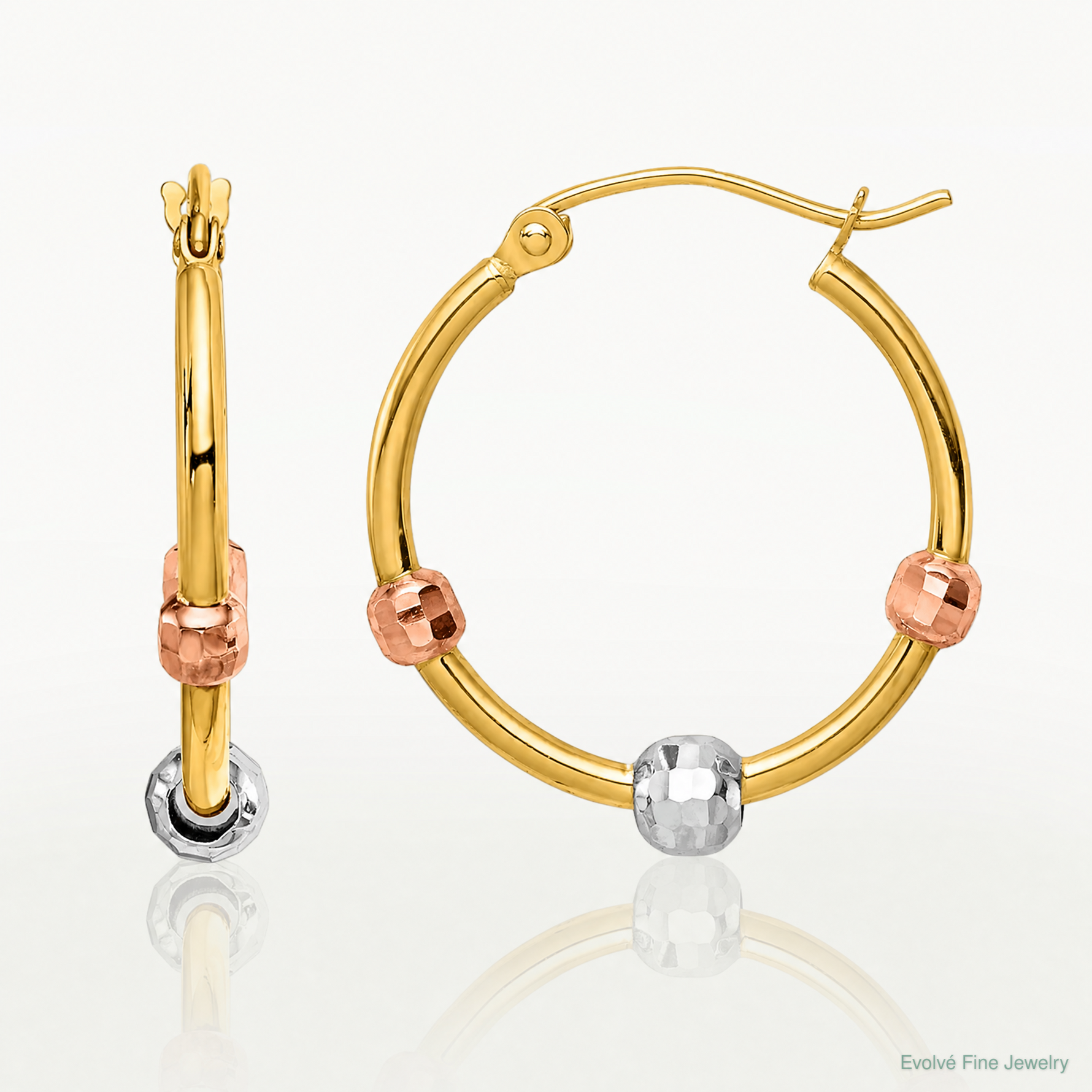 14k Polished with D/C Beads Tri-color Hoop Earrings - Lifestyle View