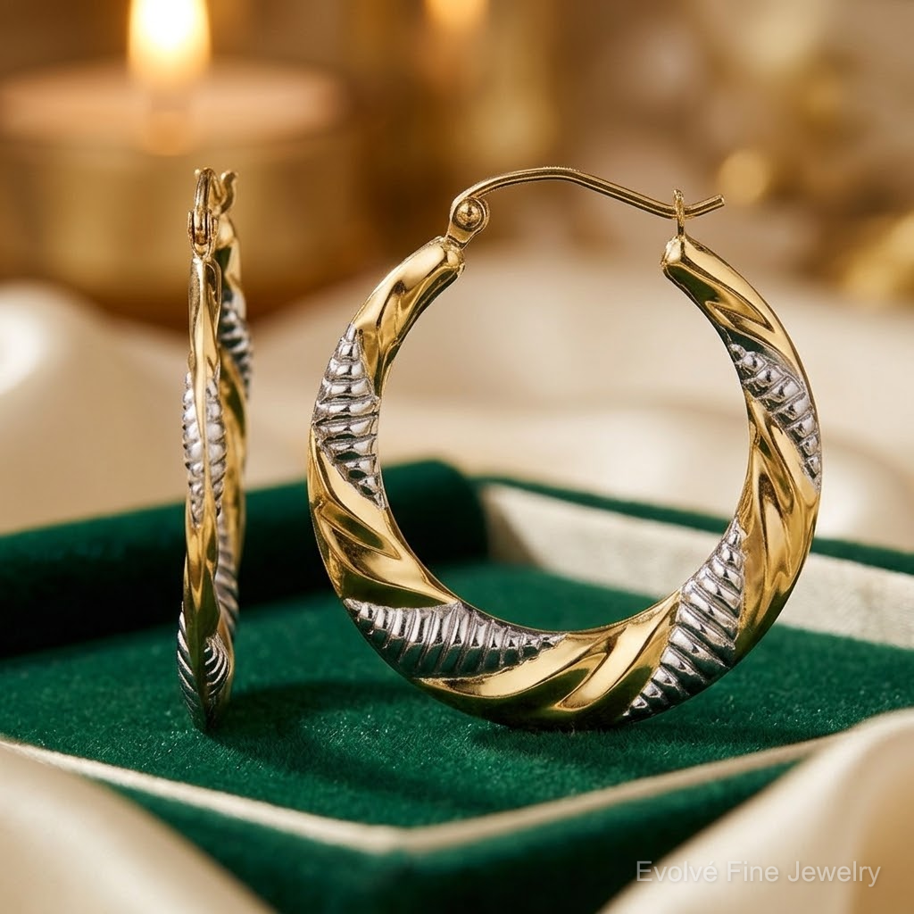 14K & Rhodium Textured Stamped Hoop Earrings - Lifestyle View