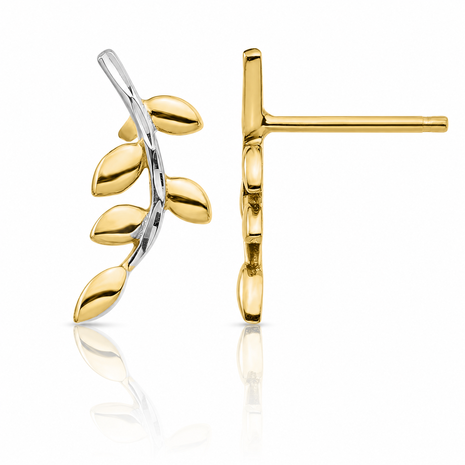 14K & White Rhodium Leaves Post Earrings - Lifestyle View