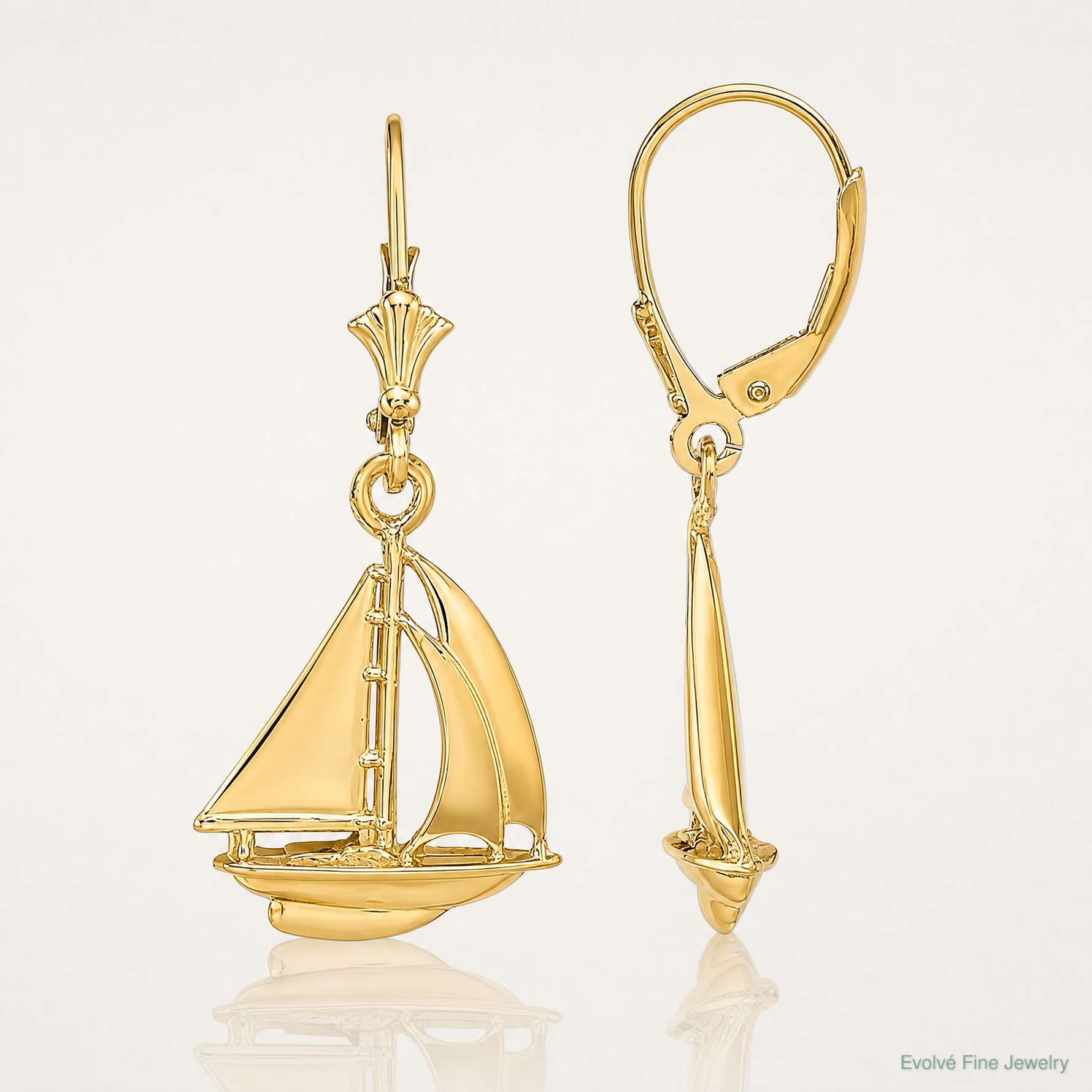 14K  3D Polished Sailboat Leverback Earrings - Lifestyle View