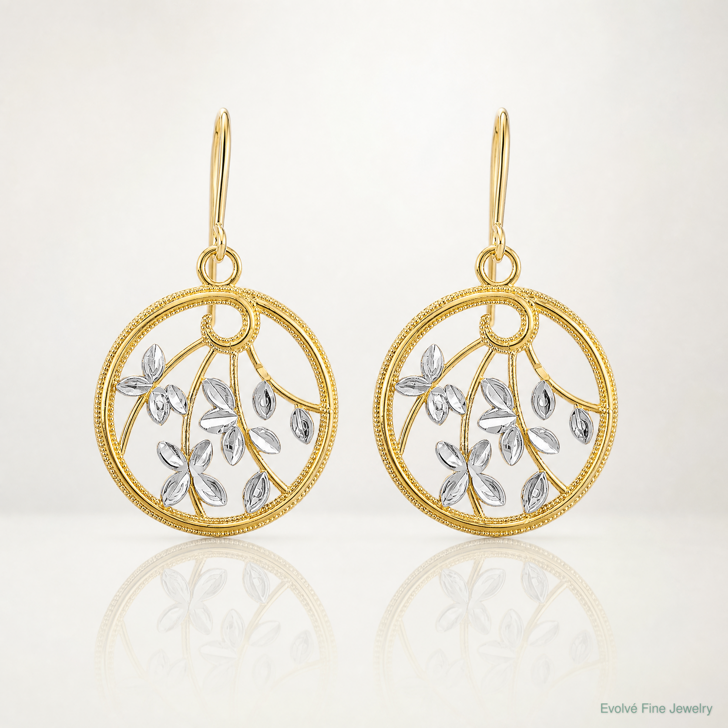 14K w/Rhodium D/C Leaves Round Dangle Earrings - Lifestyle View