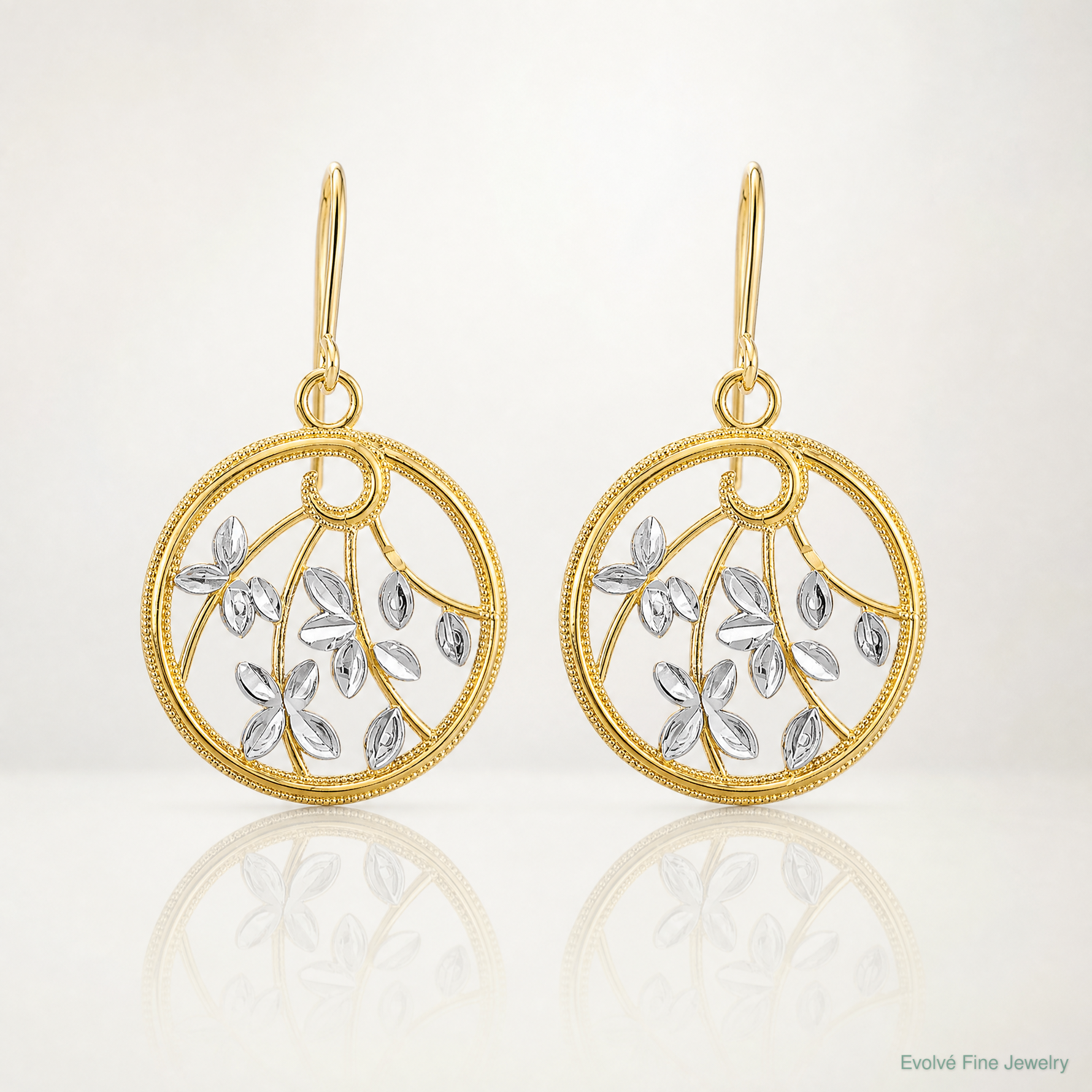 14K w/Rhodium D/C Leaves Round Dangle Earrings - Lifestyle View