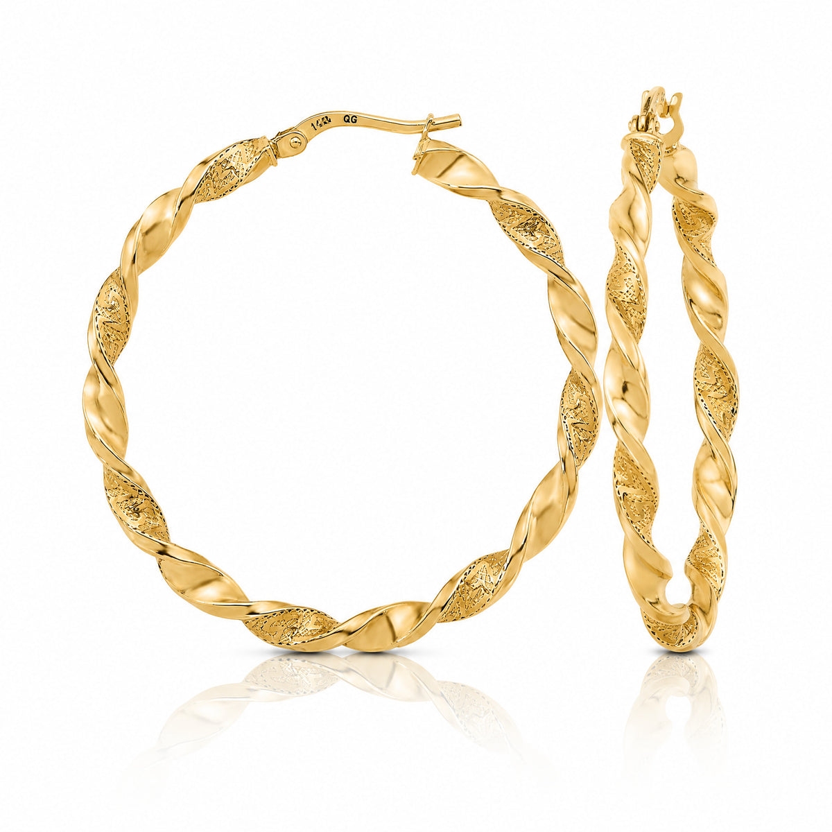 14K Polished and Textured Twisted Hoop Earrings - Lifestyle View