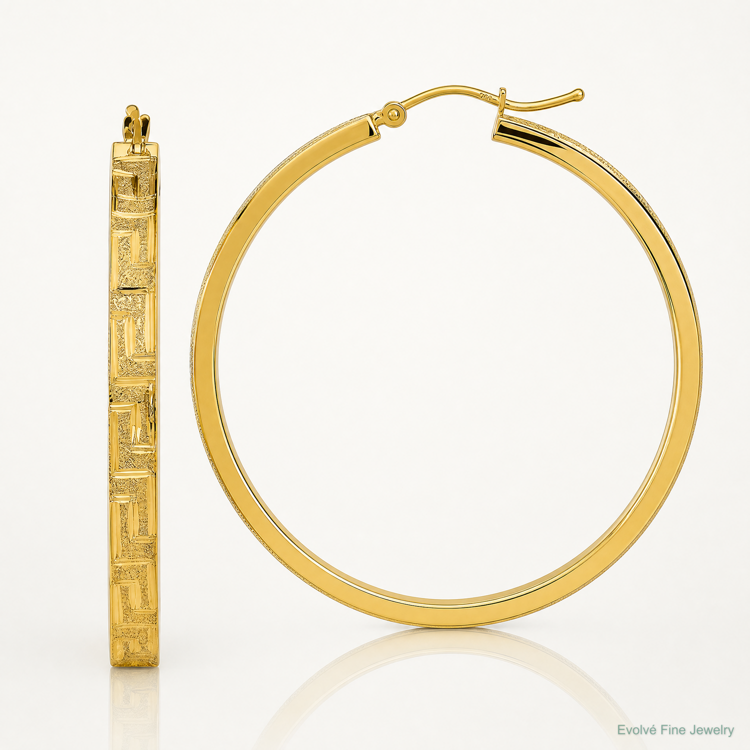 14K Polished and Satin Greek Pattern Hoop Earrings - Lifestyle View