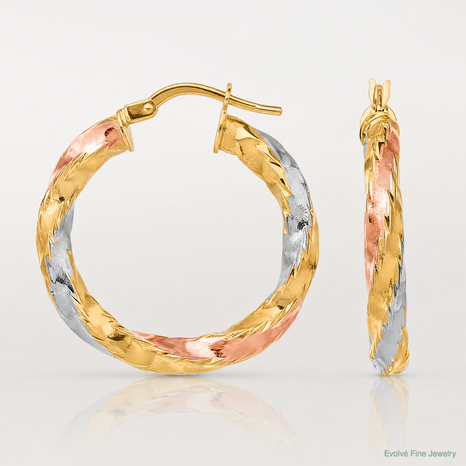 14K with Rose & White Rhodium Polished Twisted Hoop Earrings - Lifestyle View