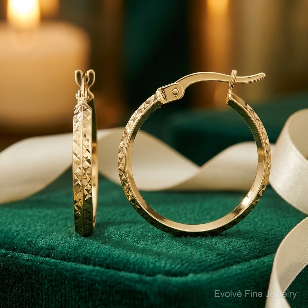 14K Polished and Diamond-cut Knife Edge Hoop Earrings - Lifestyle View