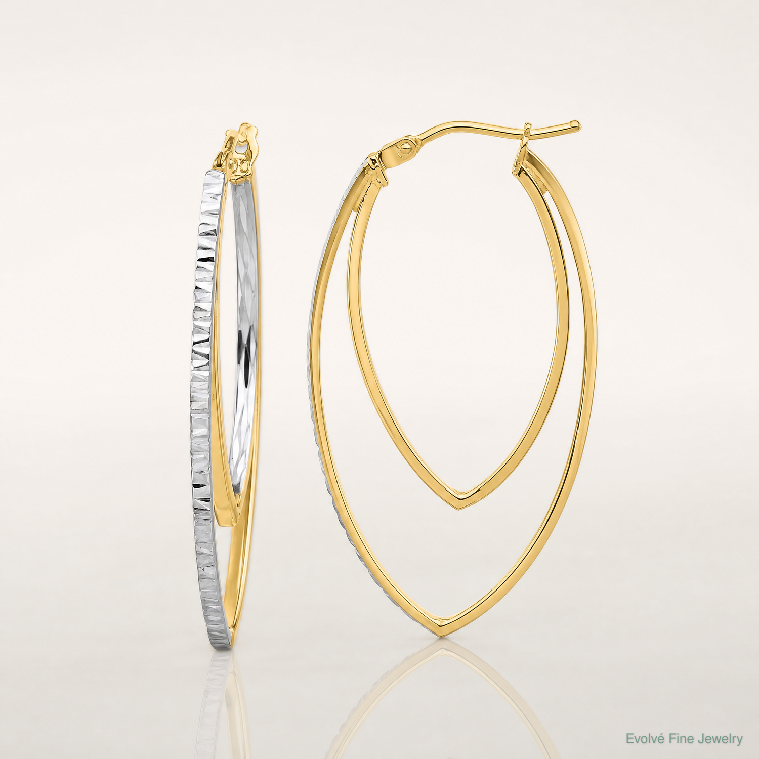 14K Polished and Rhodium Diamond-cut V Shape Hoop Earrings - Lifestyle View