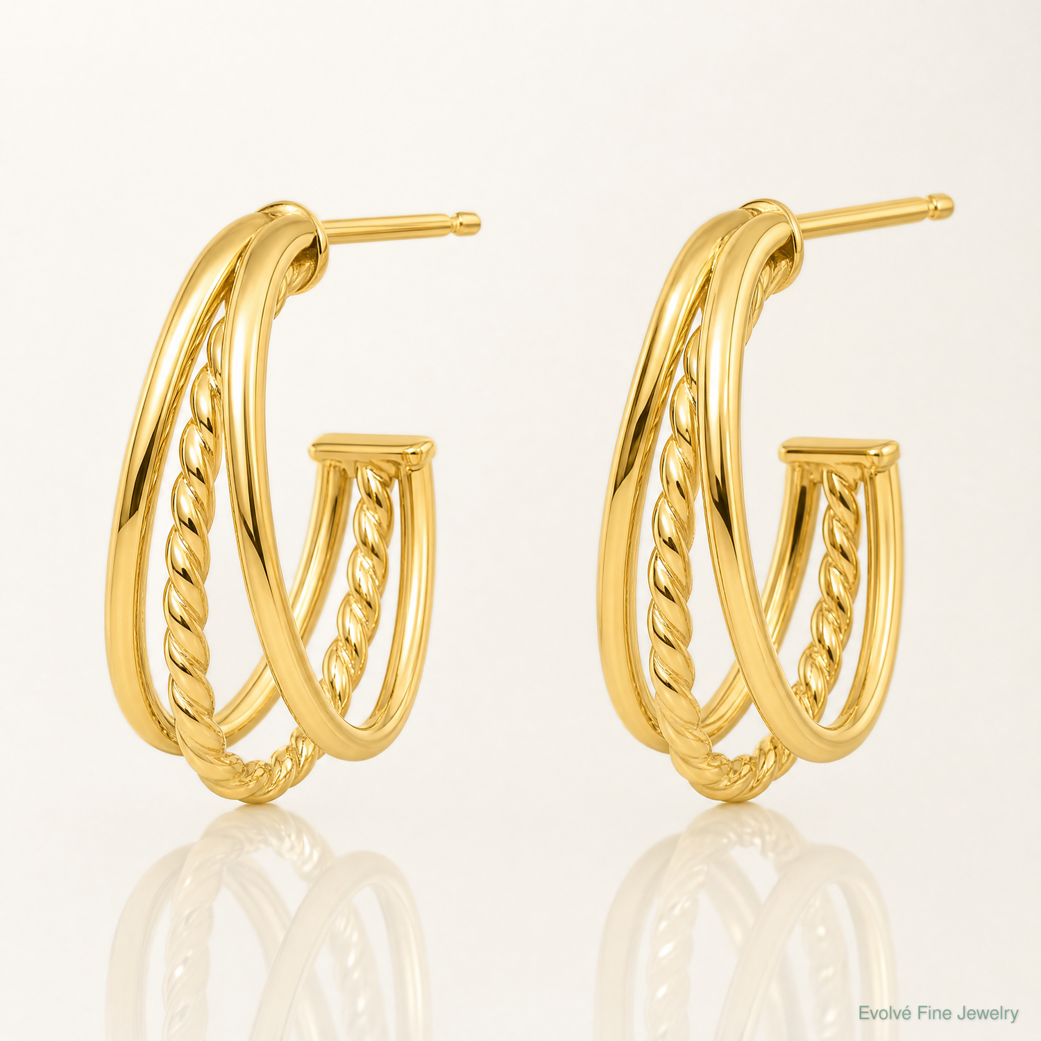 14K Polished and Twist Oval Multi Row J-Hoop Post Earrings - Lifestyle View