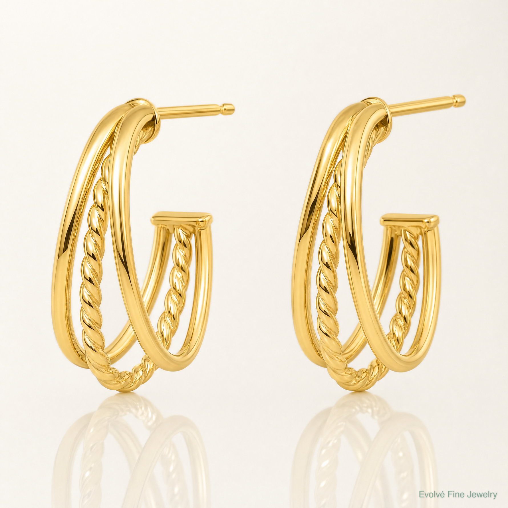 14K Polished and Twist Oval Multi Row J-Hoop Post Earrings - Lifestyle View