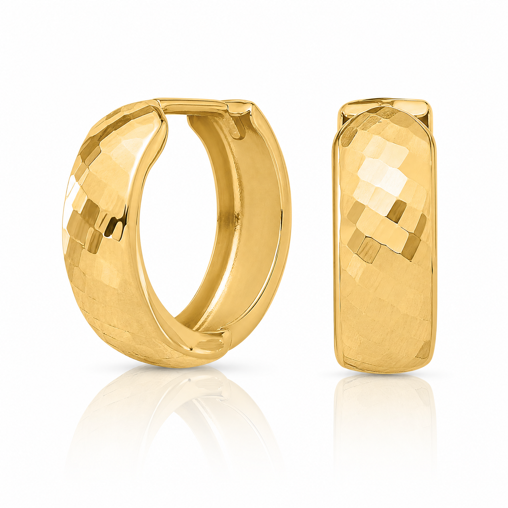 14K Polished and Diamond-cut Huggie Hoop Earrings - Lifestyle View