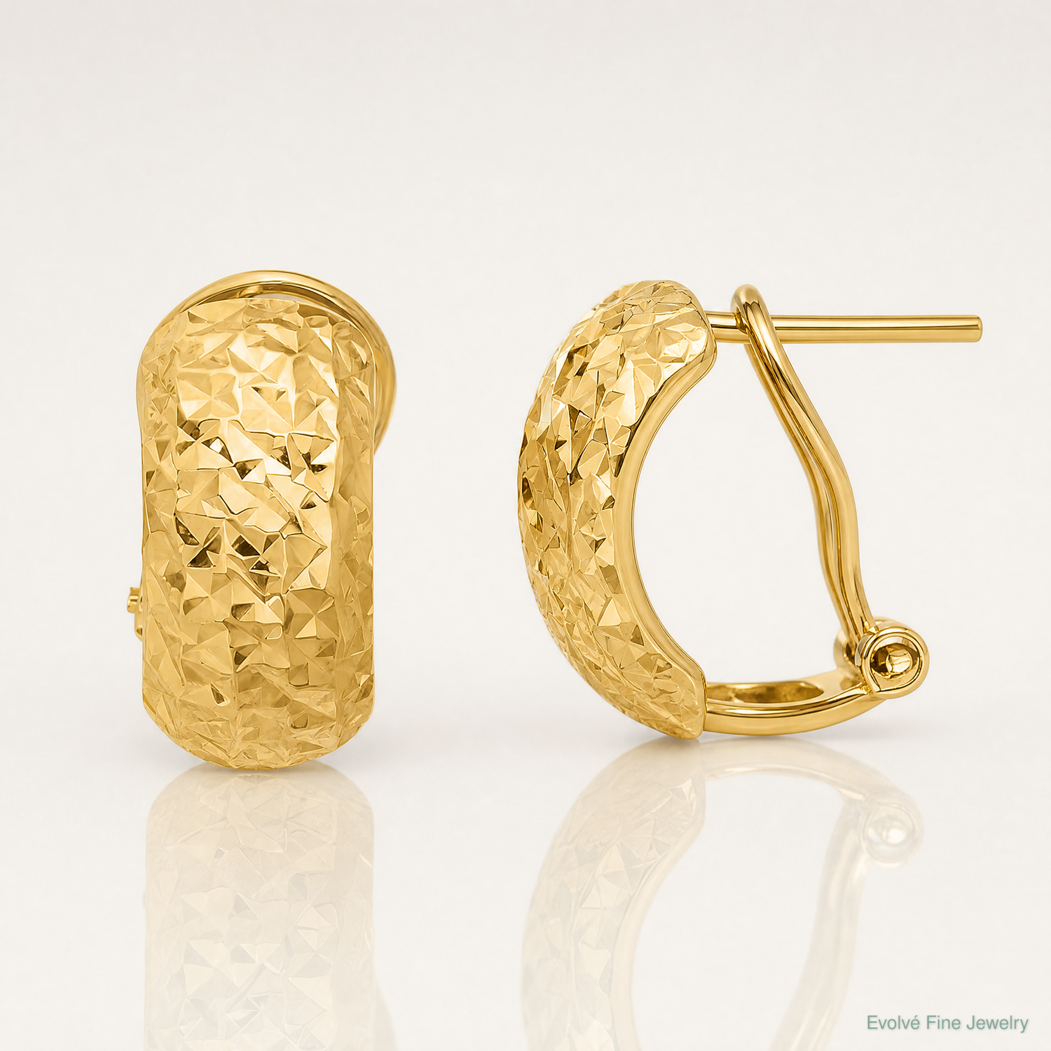 14K Polished and Diamond-cut Omega Back Earrings - Lifestyle View
