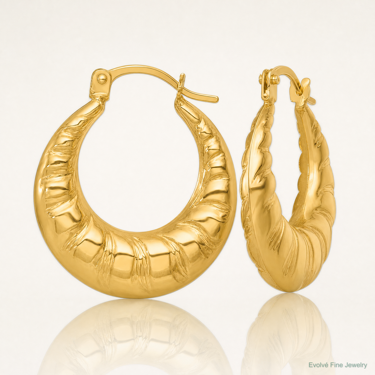 14k Polished and Grooved Scalloped Hoop Earrings - Lifestyle View