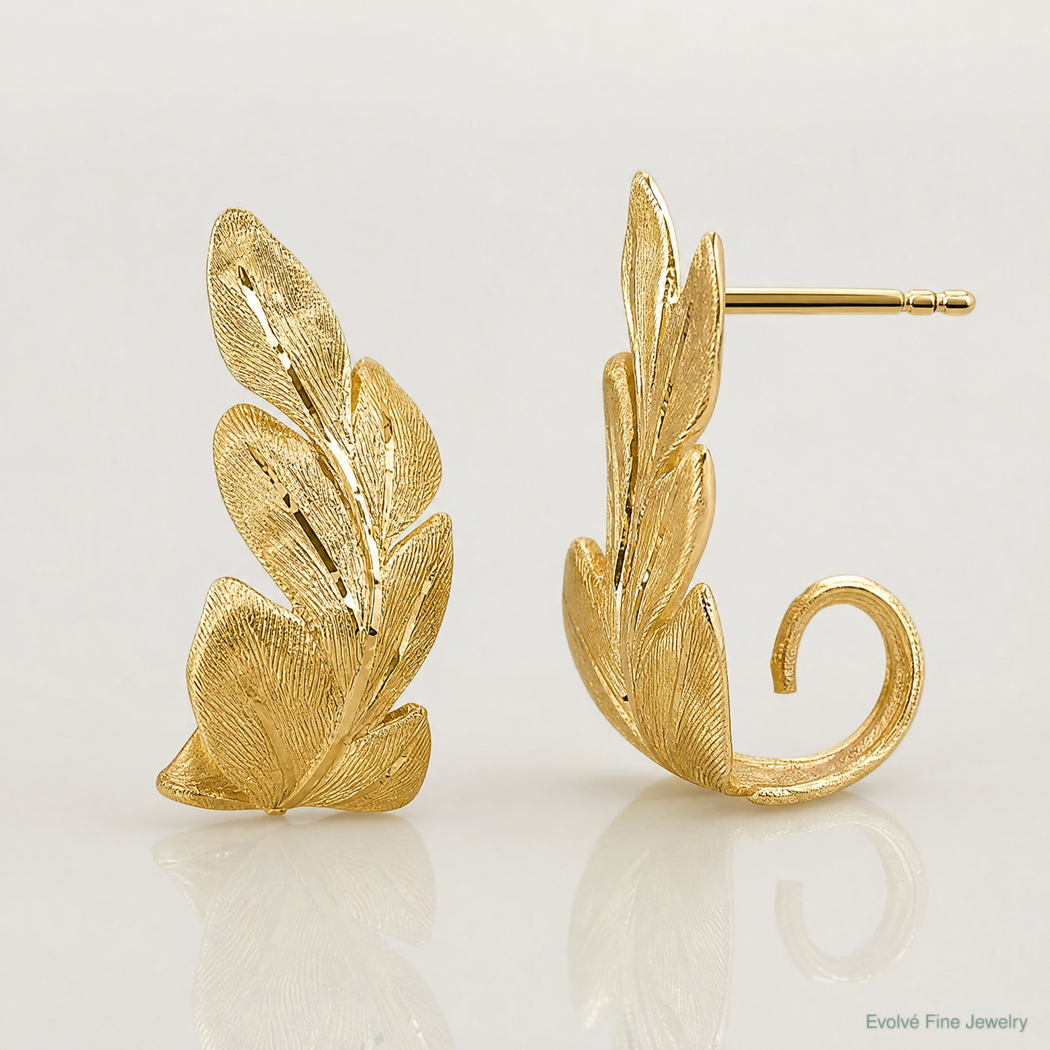 14k Brushed And Textured Leaf Post Earrings - Lifestyle View