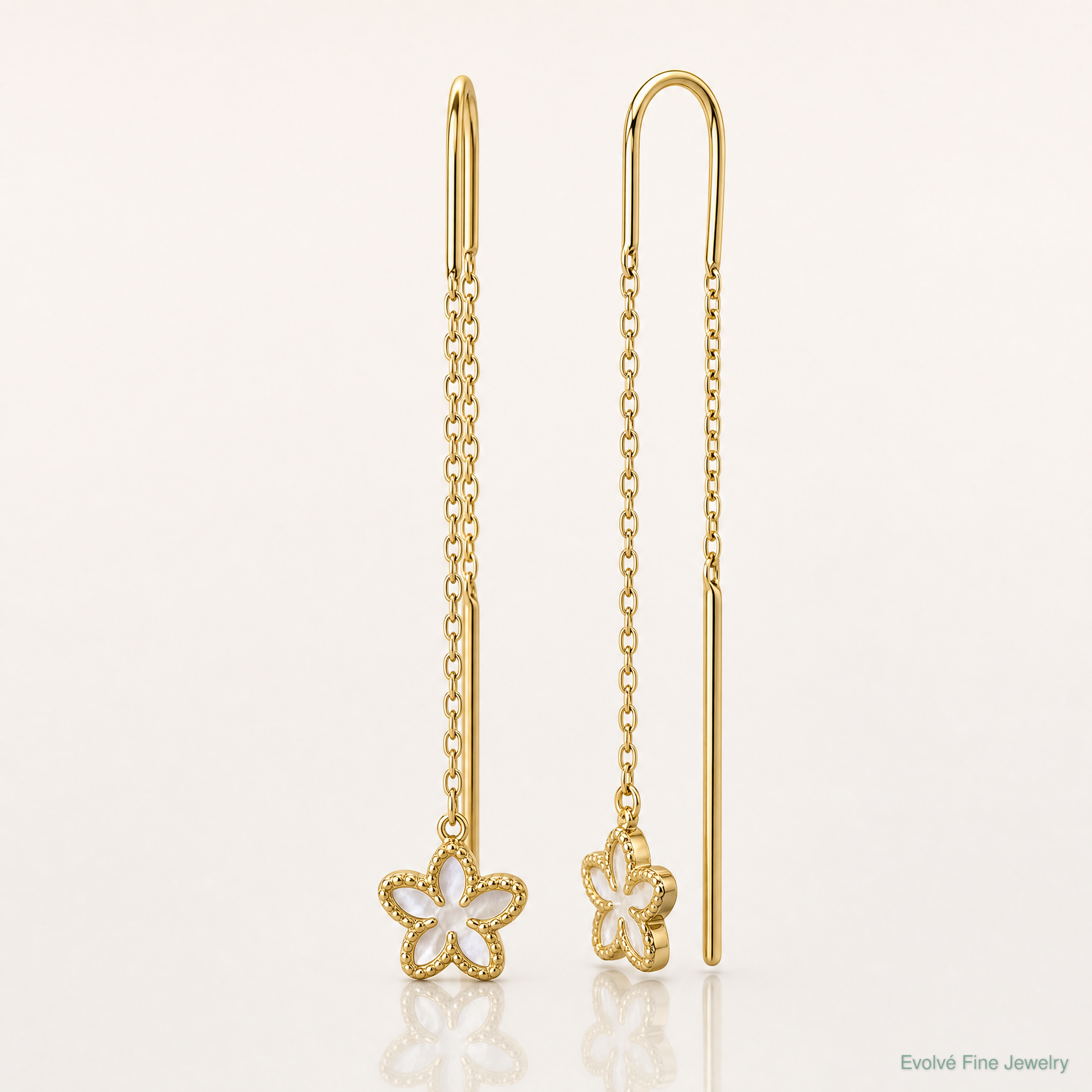 14K Polished Mother of Pearl Flower Cable Chain Threader Earrings - Lifestyle View