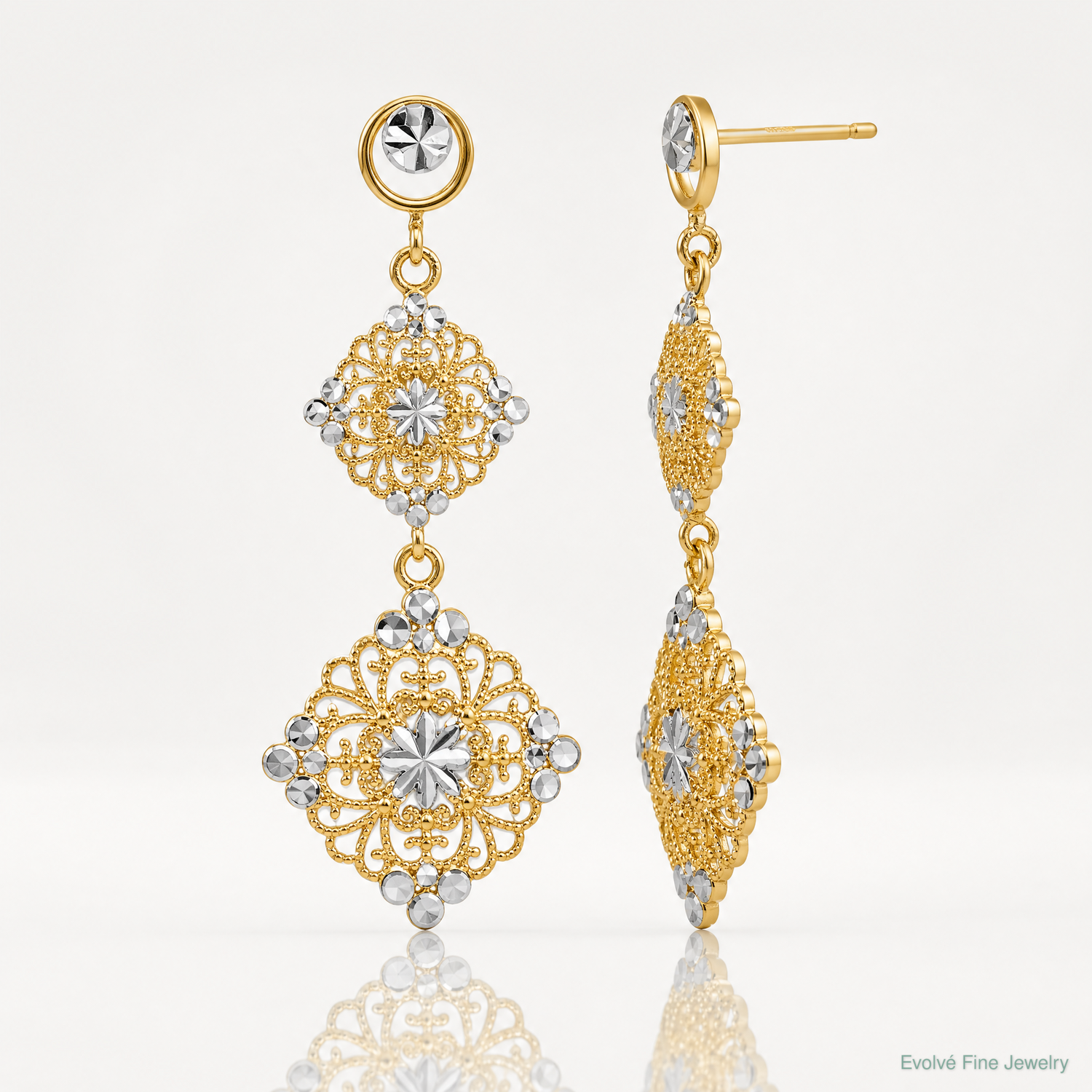 14k Rhodium Diamond-cut Filigree Dangle Earrings - Lifestyle View