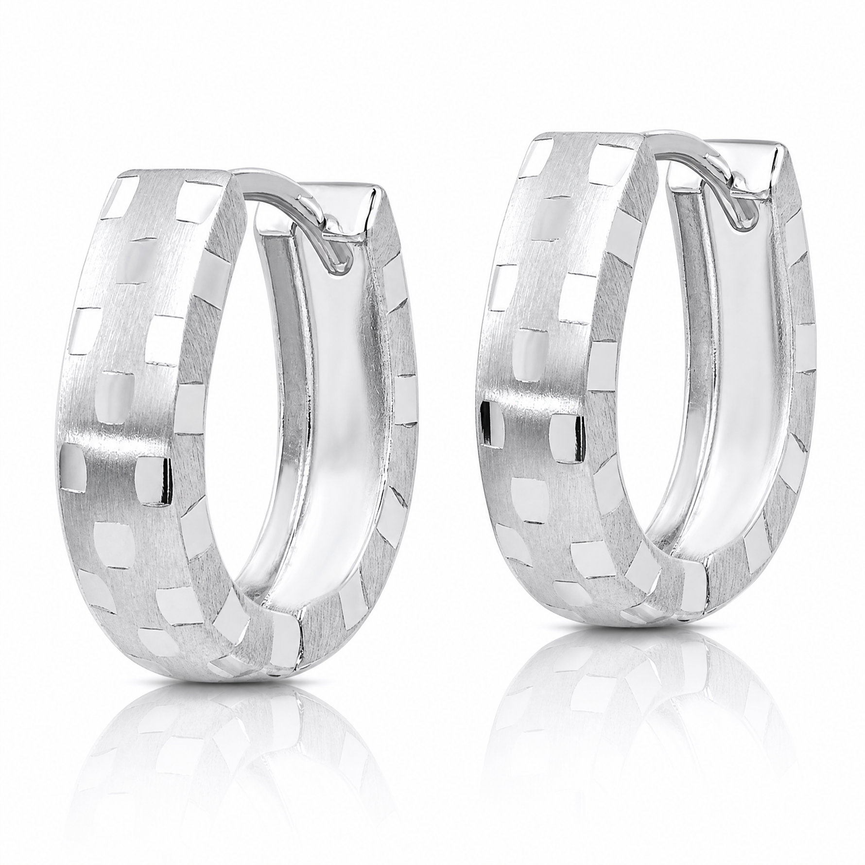 14K White Gold Diamond Cut 4mm Patterned Hinged Hoop Earrings - Lifestyle View
