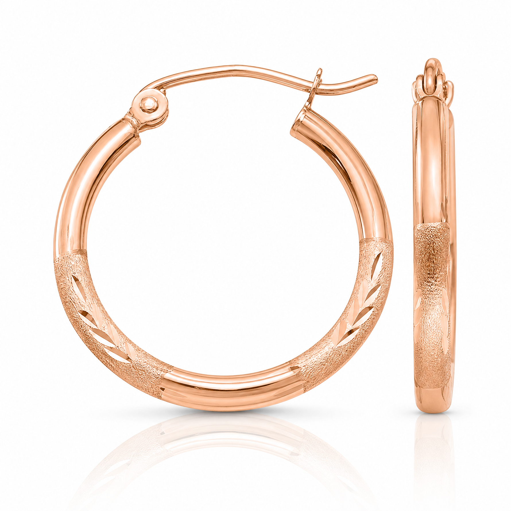 14k Rose Gold Lightweight Satin Diamond Cut Hoop Earrings - Lifestyle View