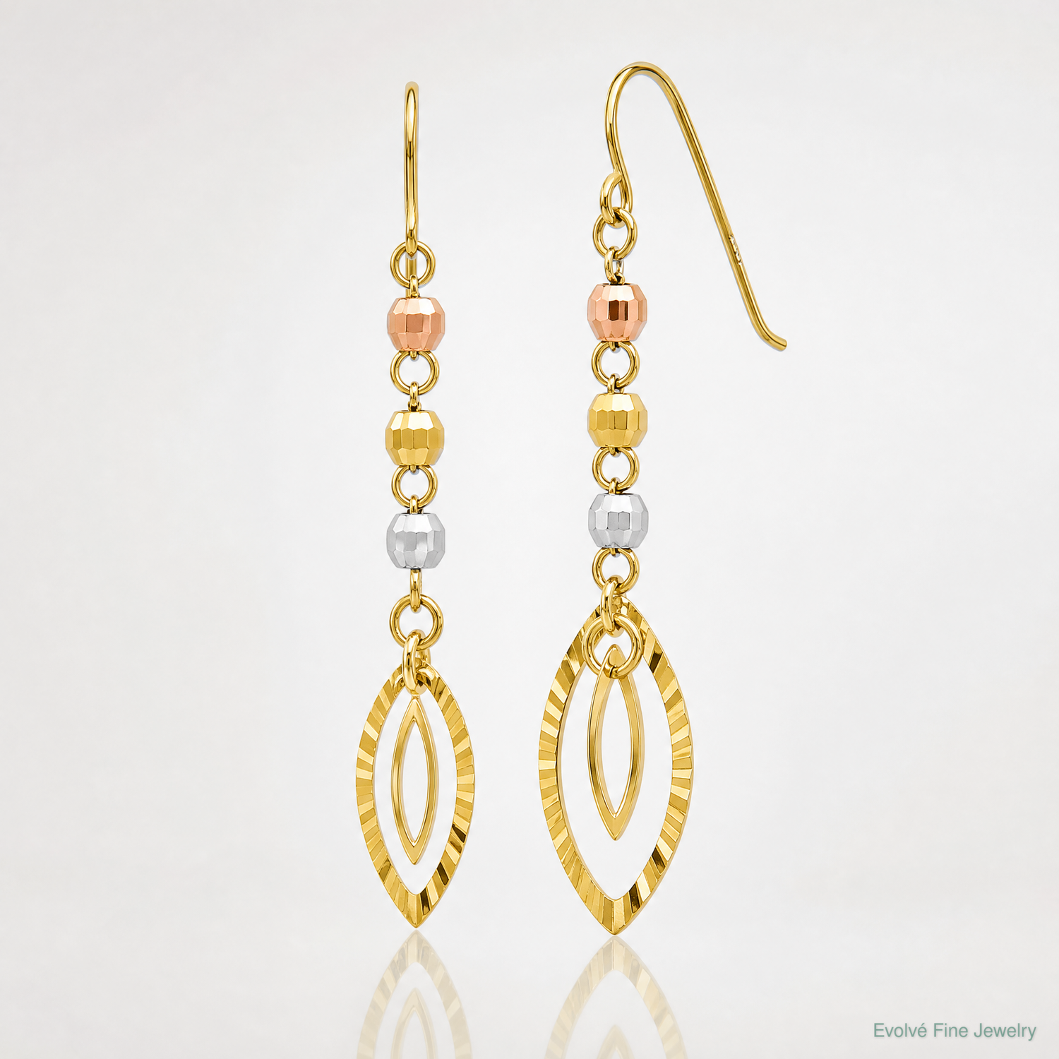 14K Tri-Color Diamond-cut Bead Oval Dangle Earrings - Lifestyle View