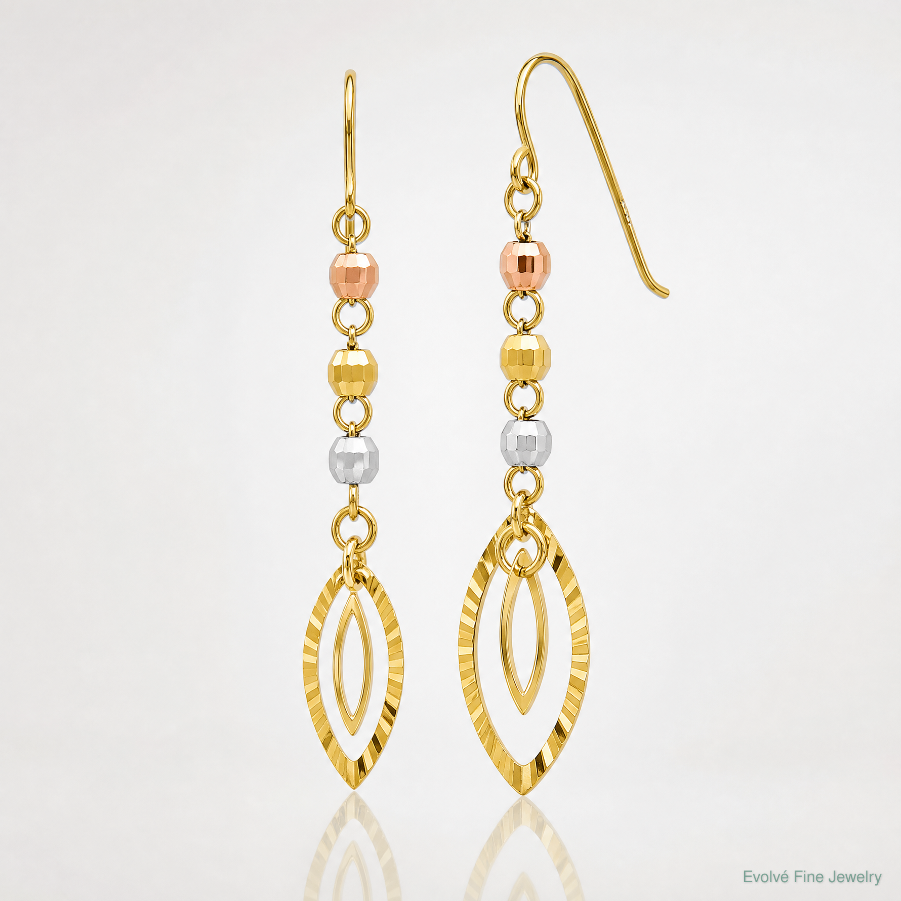 14K Tri-Color Diamond-cut Bead Oval Dangle Earrings - Lifestyle View