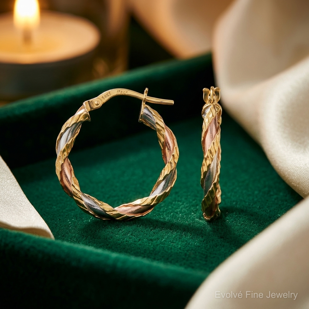 14K with White & Rose Rhodium Textured Twisted Hoop Earrings - Lifestyle View