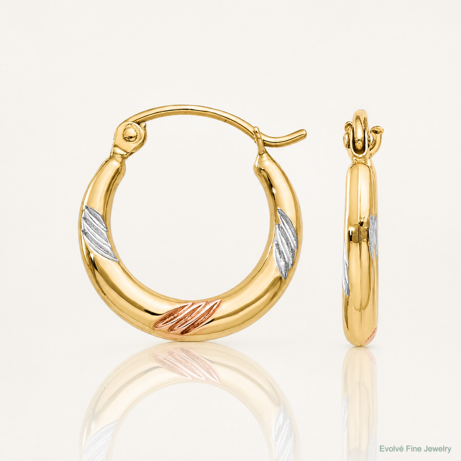 14k & White & Rose Rhodium Polished & Textured Hoop Earrings - Lifestyle View