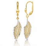 14K and Rhodium Polished and Textured Leaf Leverback Earrings - Lifestyle View