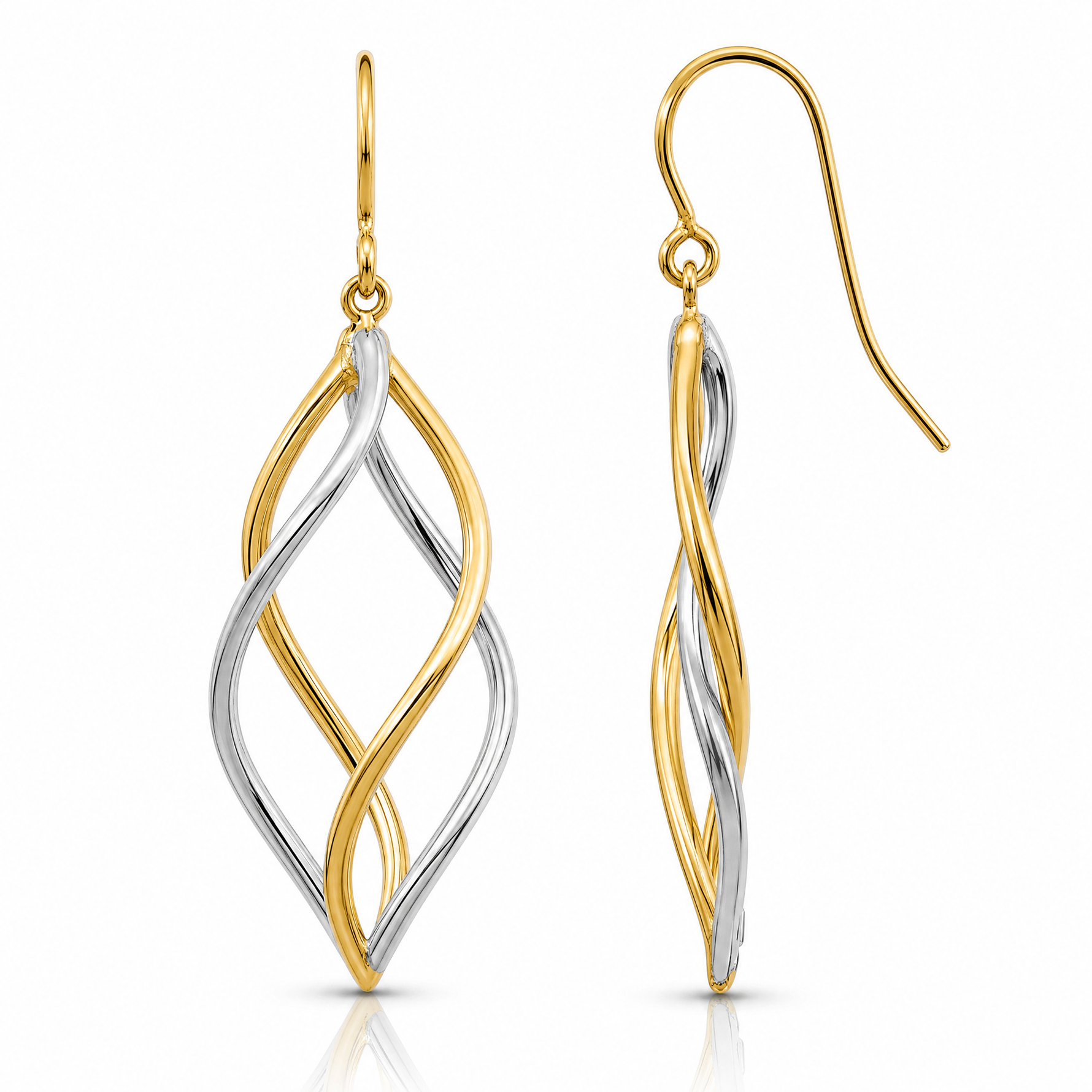 14K Two-Tone Twisted Polished Dangle Shepherd Hook Earrings - Lifestyle View
