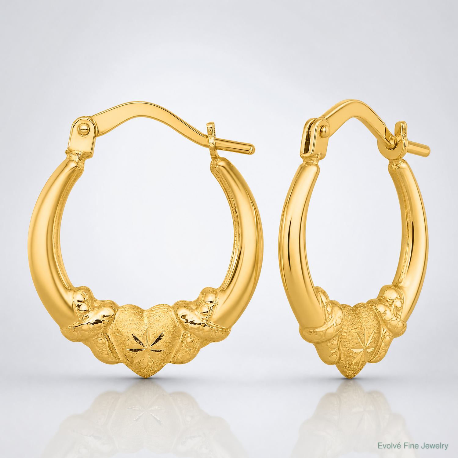 14k Polished Brushed and Diamond-cut Heart Hoop Earrings - Lifestyle View