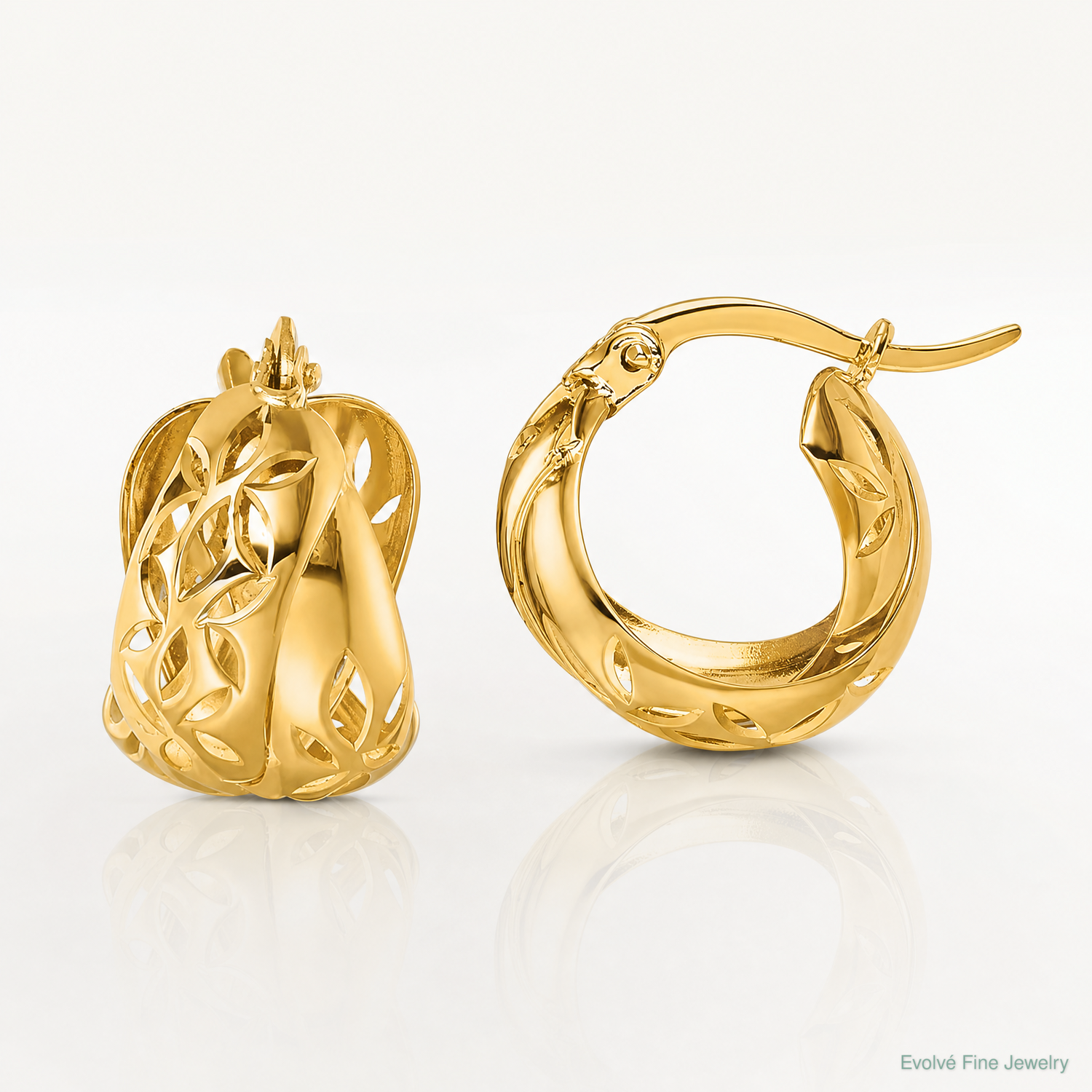 14k Polished w/Cut Out Floral Design Hoop earrings - Lifestyle View
